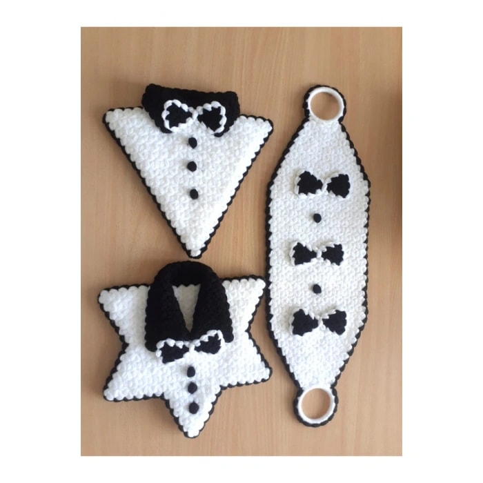  Çeyizlik El Örgüsü Siyah Beyaz Damat Lif 3'lü