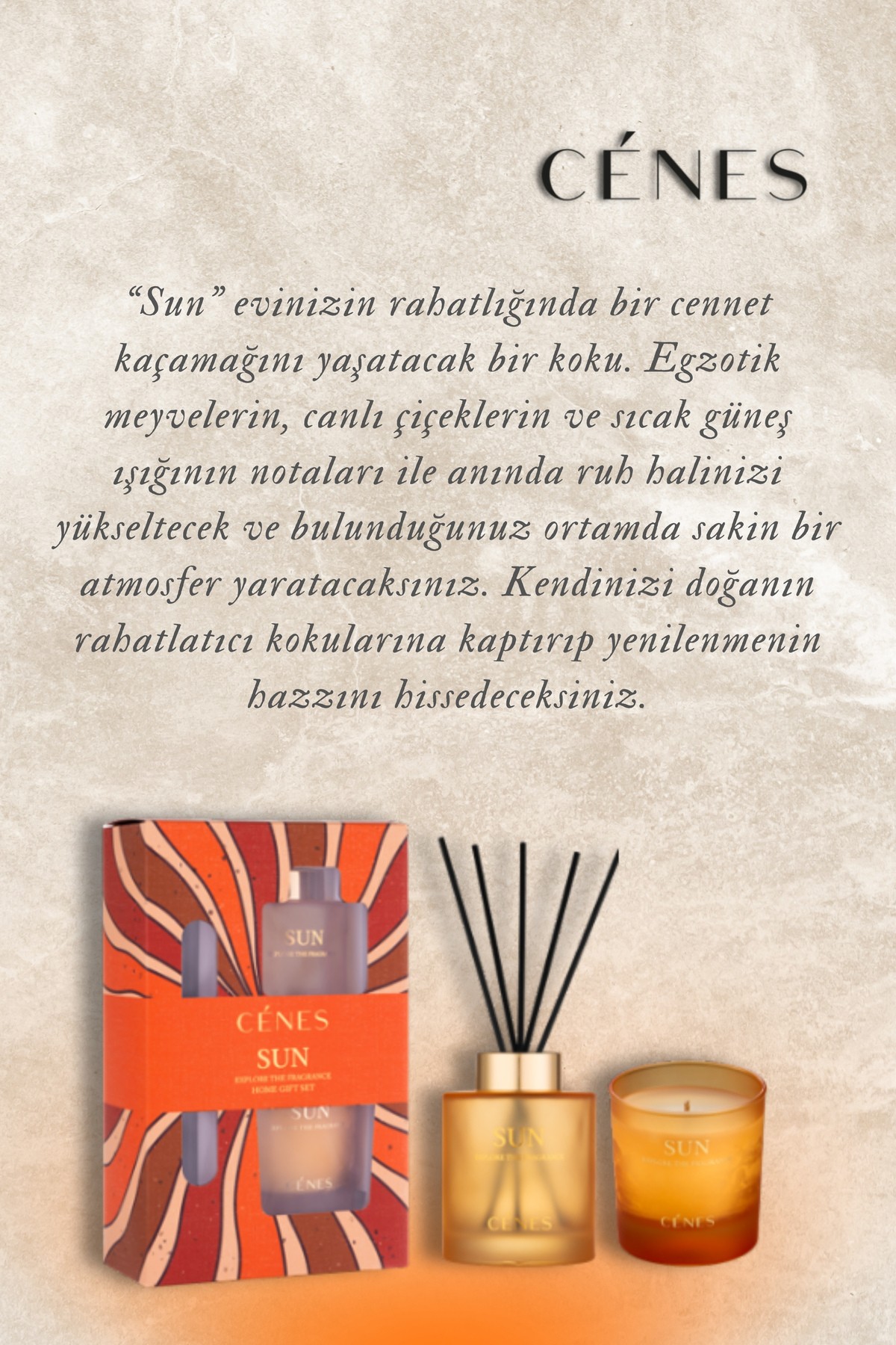 Sun Reed Diffuser 200 ml Candle 200 G Gift Set- Çubuklu Oda Kokusu Mum Hediye Seti