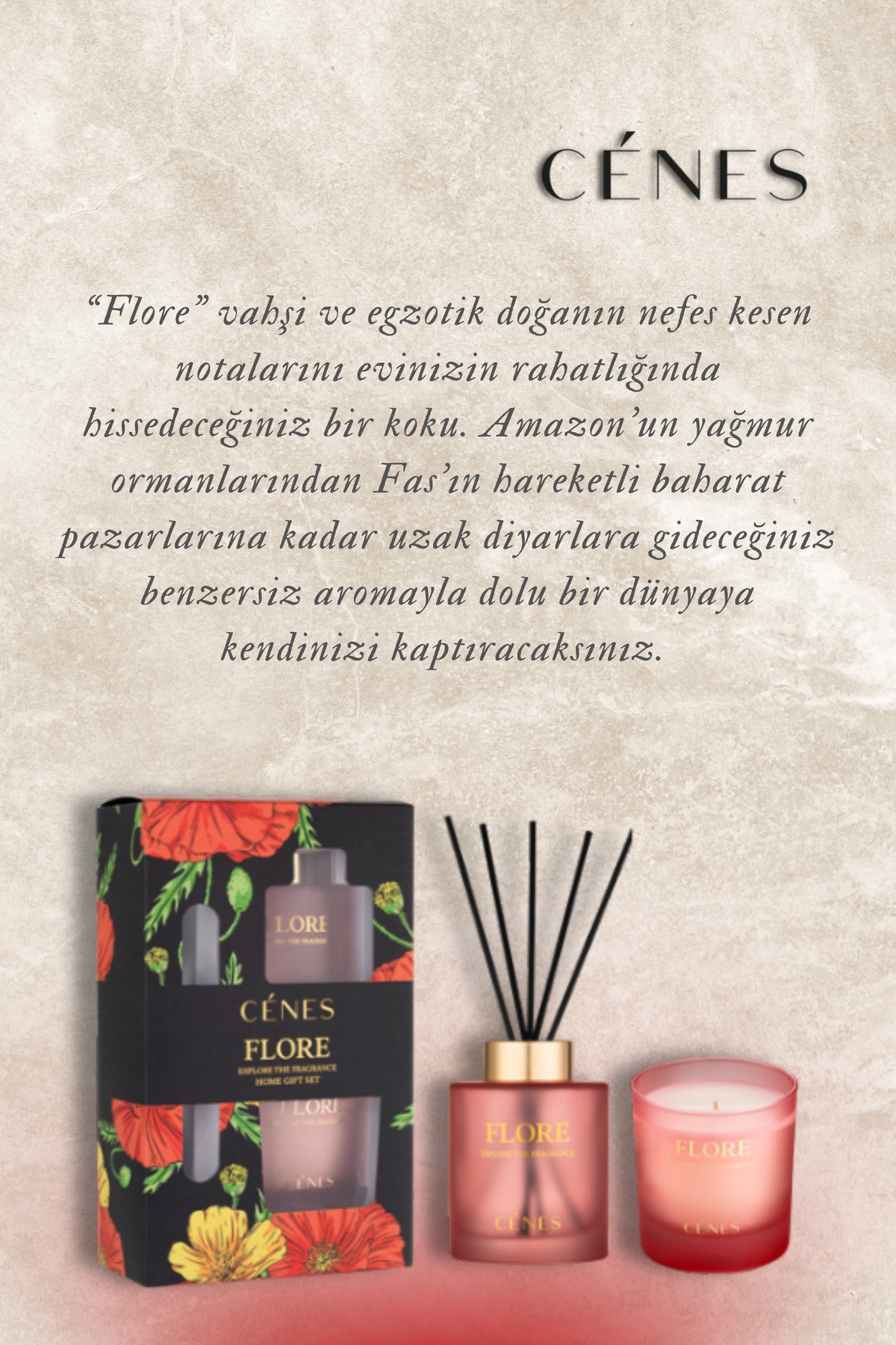 Flore Reed Diffuser 200ml + Candle 200 g Gift Set / Çubuklu Oda Kokusu + Mum Hediye Seti