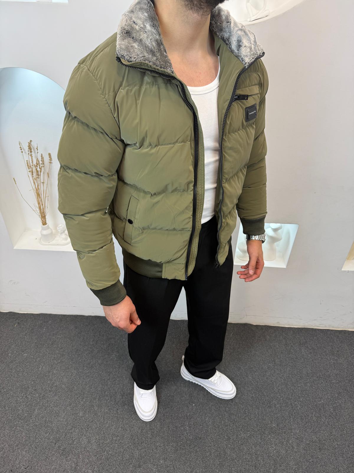 Yaka Kürklü Şişme Mont - Haki Yeşili