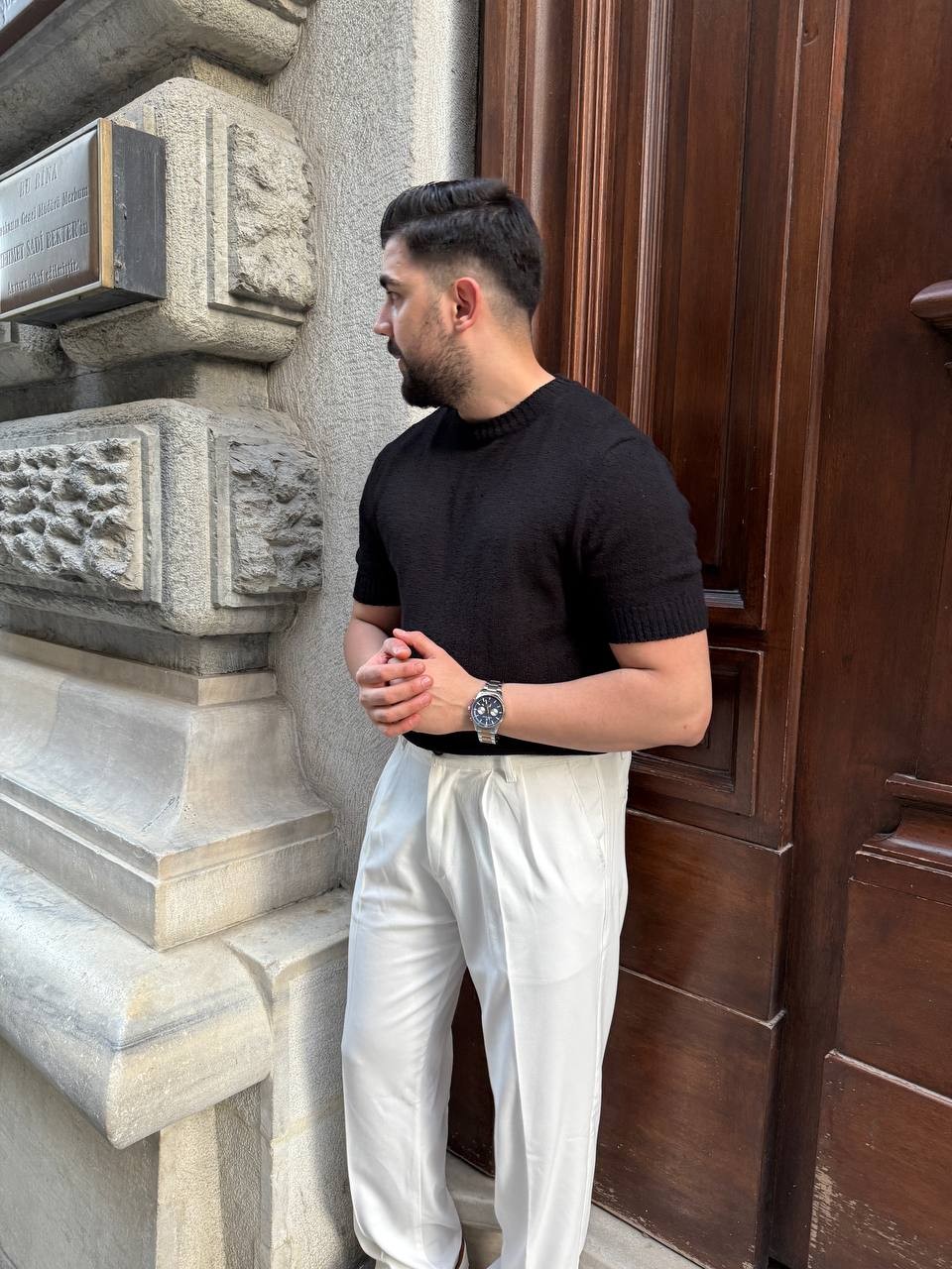 Delikli Basic Triko T-Shirt - Siyah