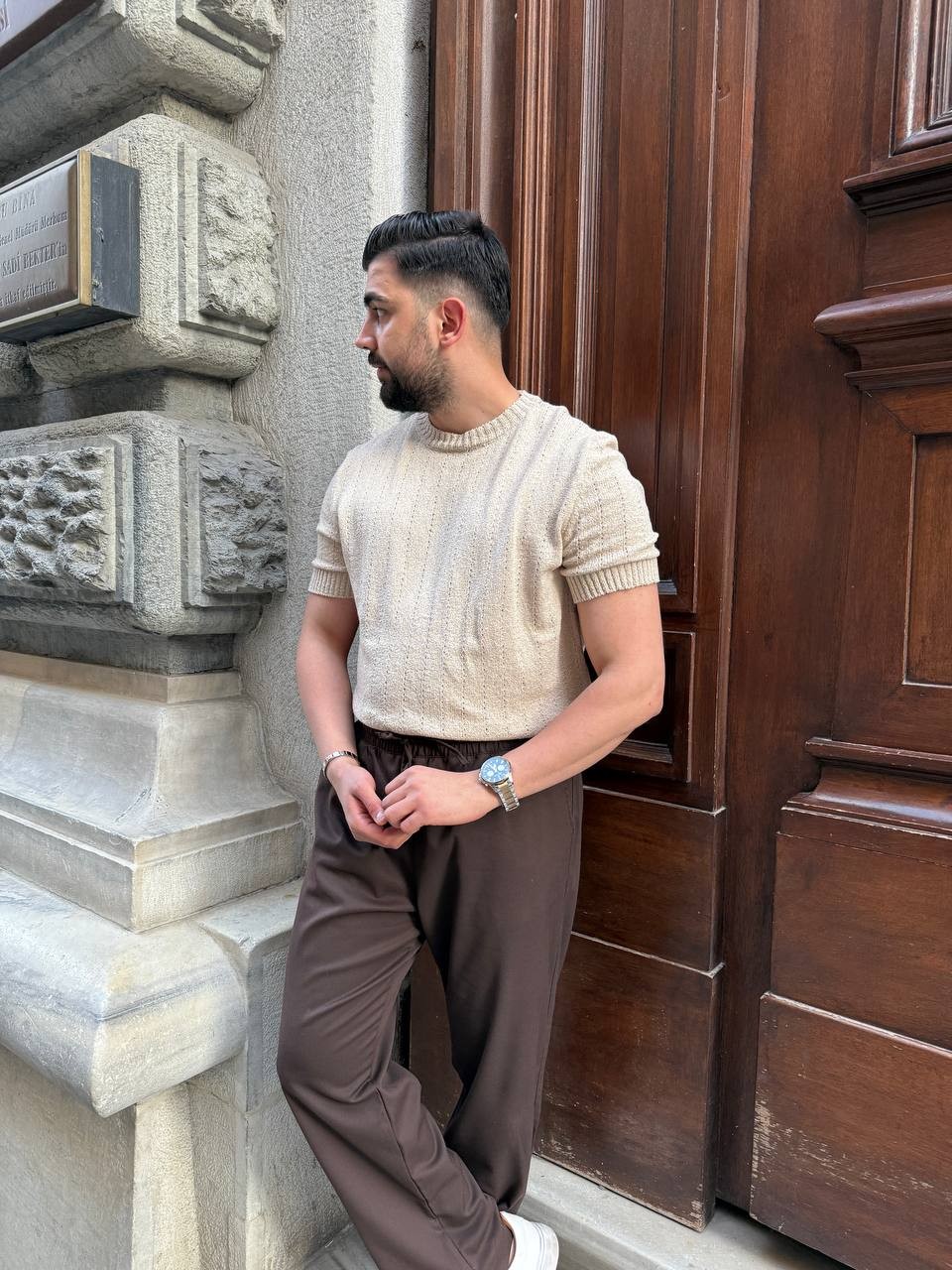 Delikli Basic Triko T-Shirt - ekru