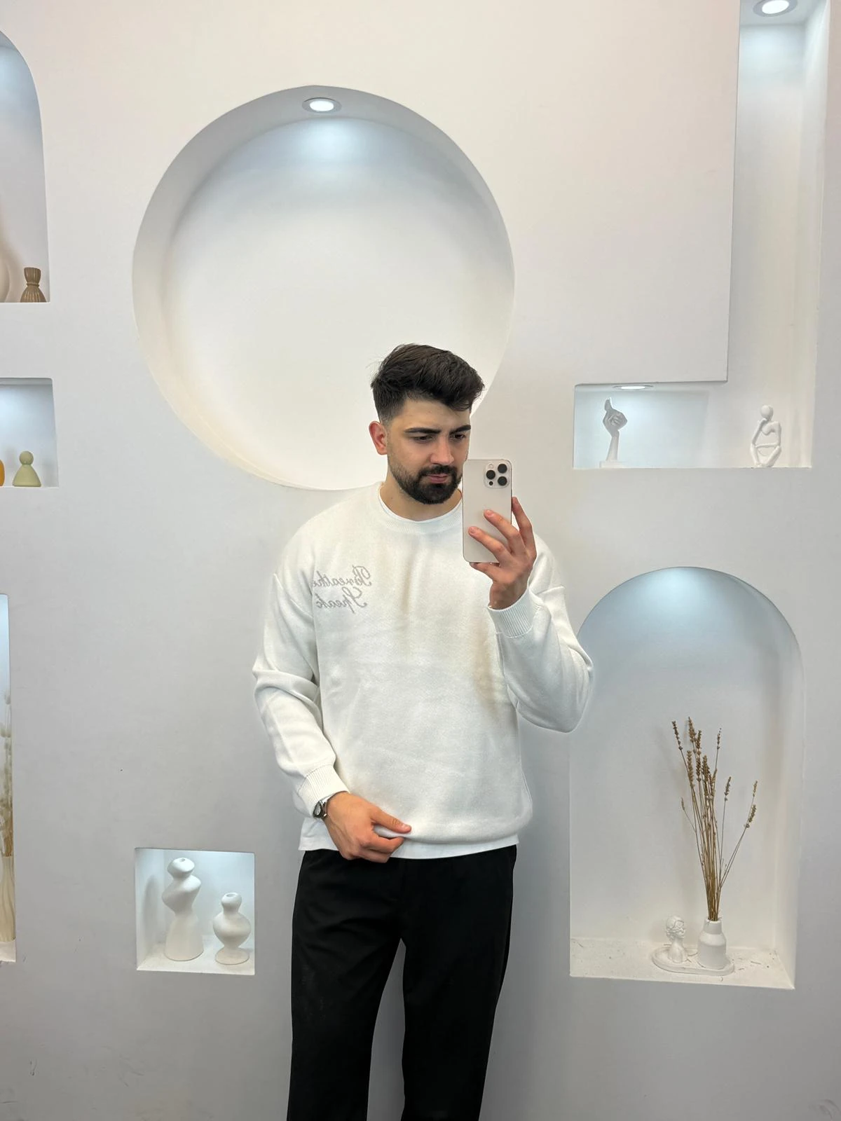 Owersize Yazı Detaylı Triko - Beyaz