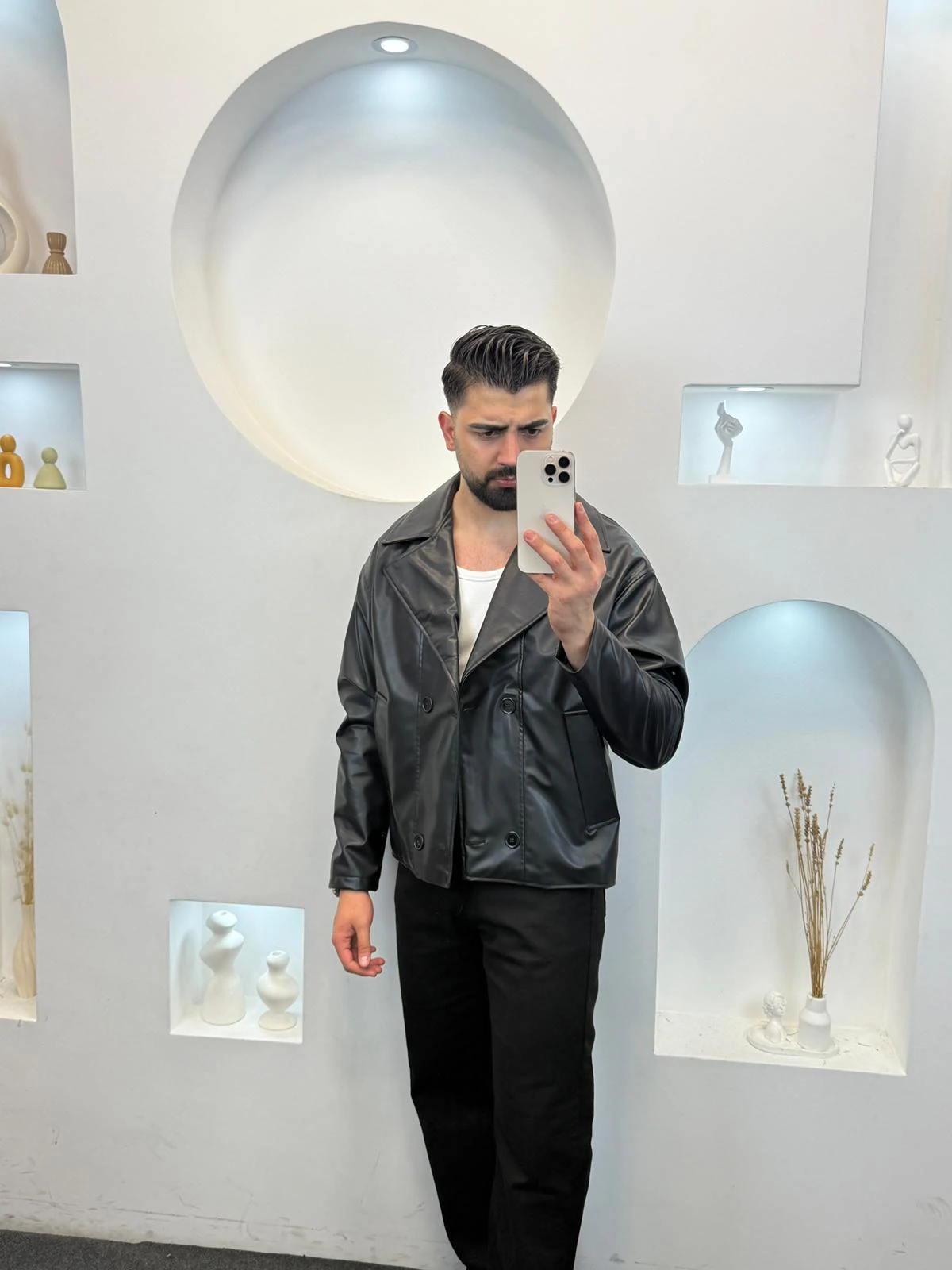 Crop Fit Deri Ceket - Siyah