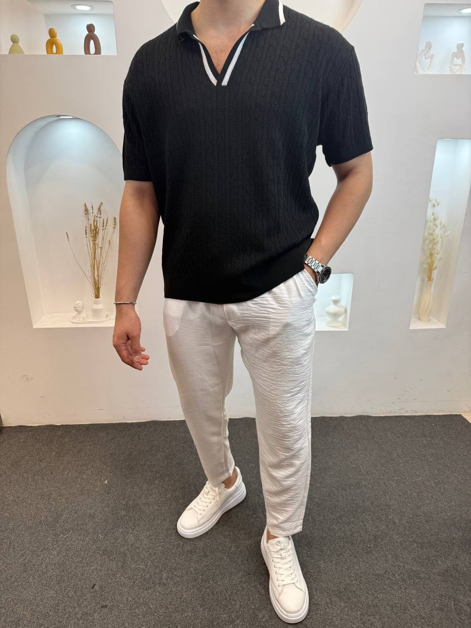 Triko Polo Yaka Desenli T-Shirt - Siyah
