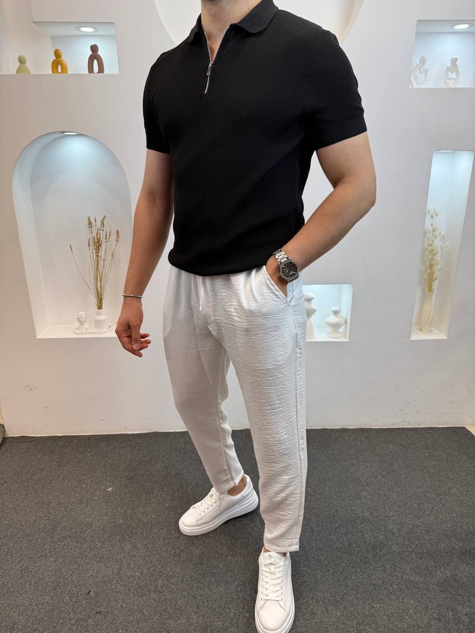 Yarım Fermuarlı Triko T-Shirt - Siyah