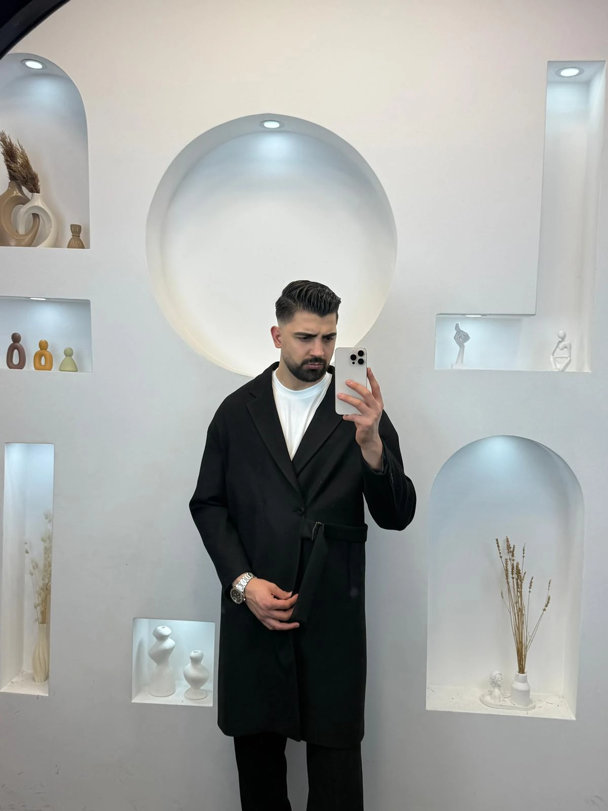 Premium Kemerli Kaşe Kaban - Siyah