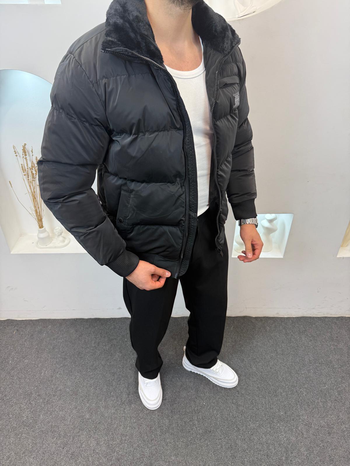 Yaka Kürklü Şişme Mont - Siyah