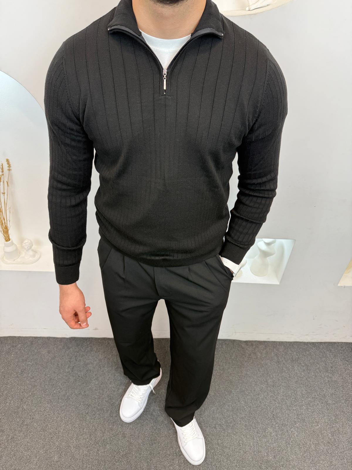 DP Yarım Fermuarlı Triko - Siyah