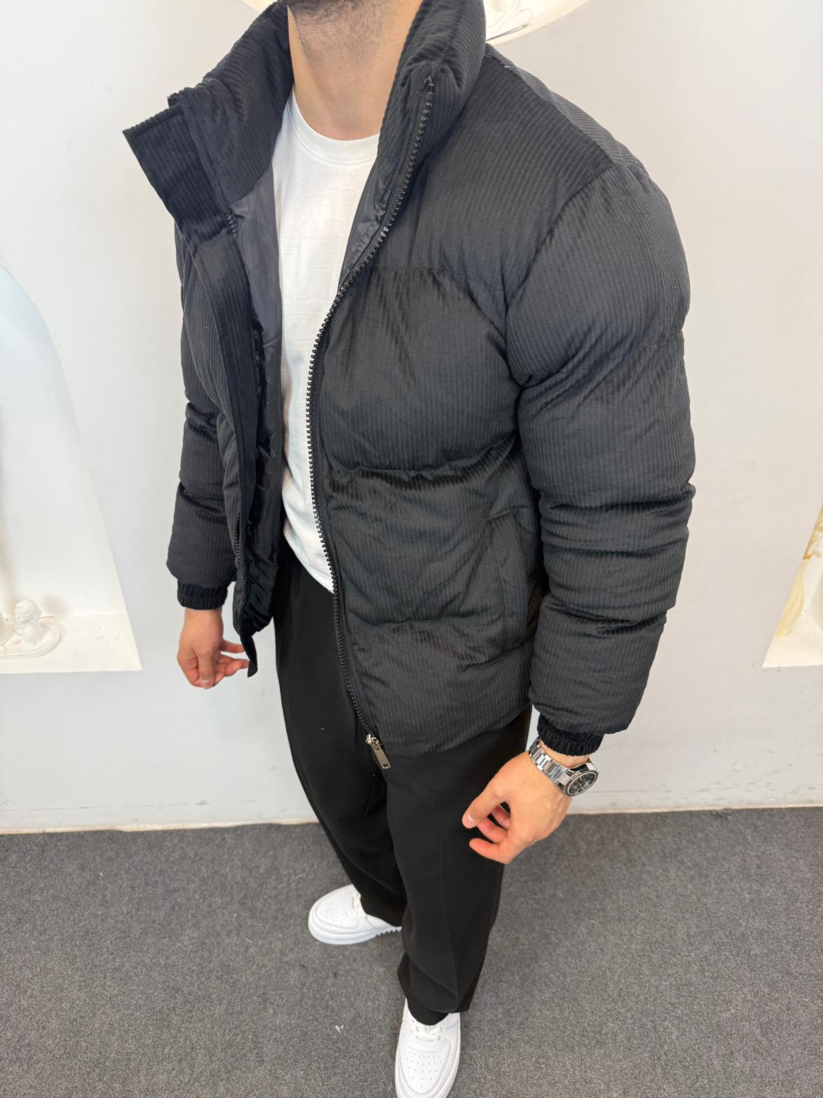 Kadife Şişme Mont - Siyah