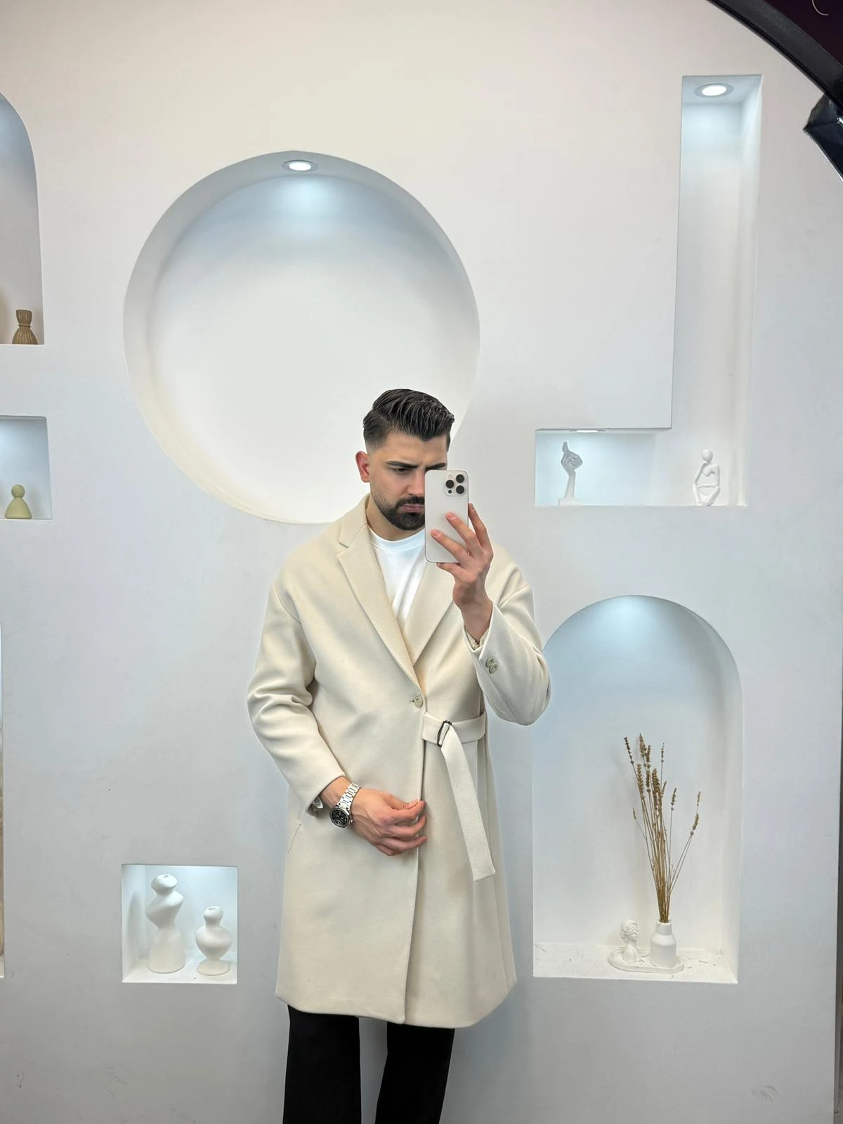 Premium Kemerli Kaşe Kaban - Krem