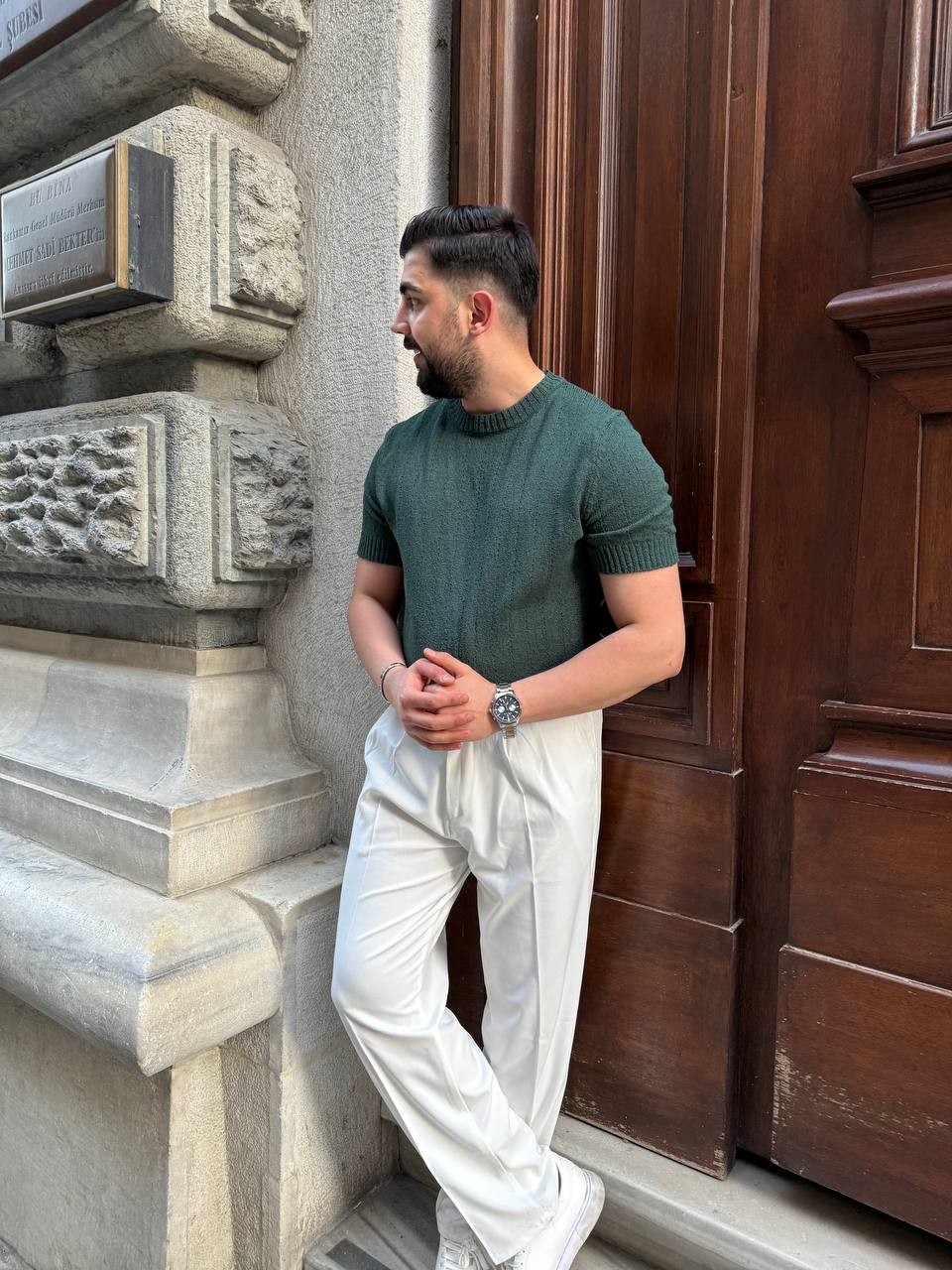 Delikli Basic Triko T-Shirt - Haki Yeşili