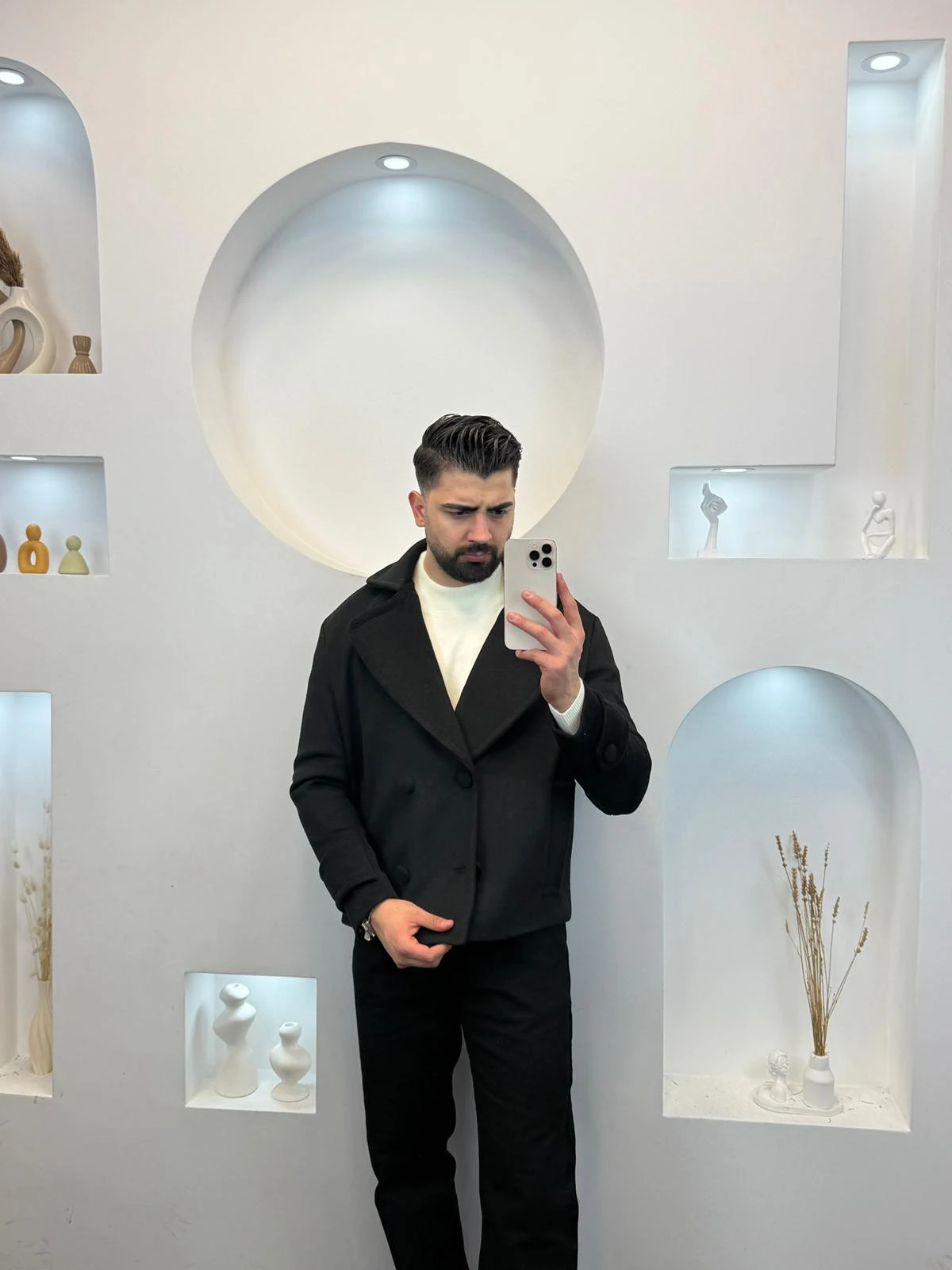 Crop Fit Kaşe Ceket - Siyah