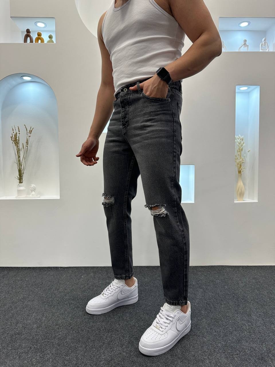 Füme Dizi Yırtık Detaylı Boyfriend Jeans