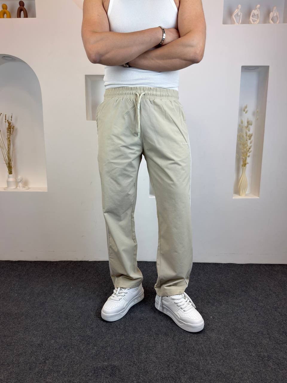 Çizgi Detaylı Paraşüt Kumaş Baggy  - bej