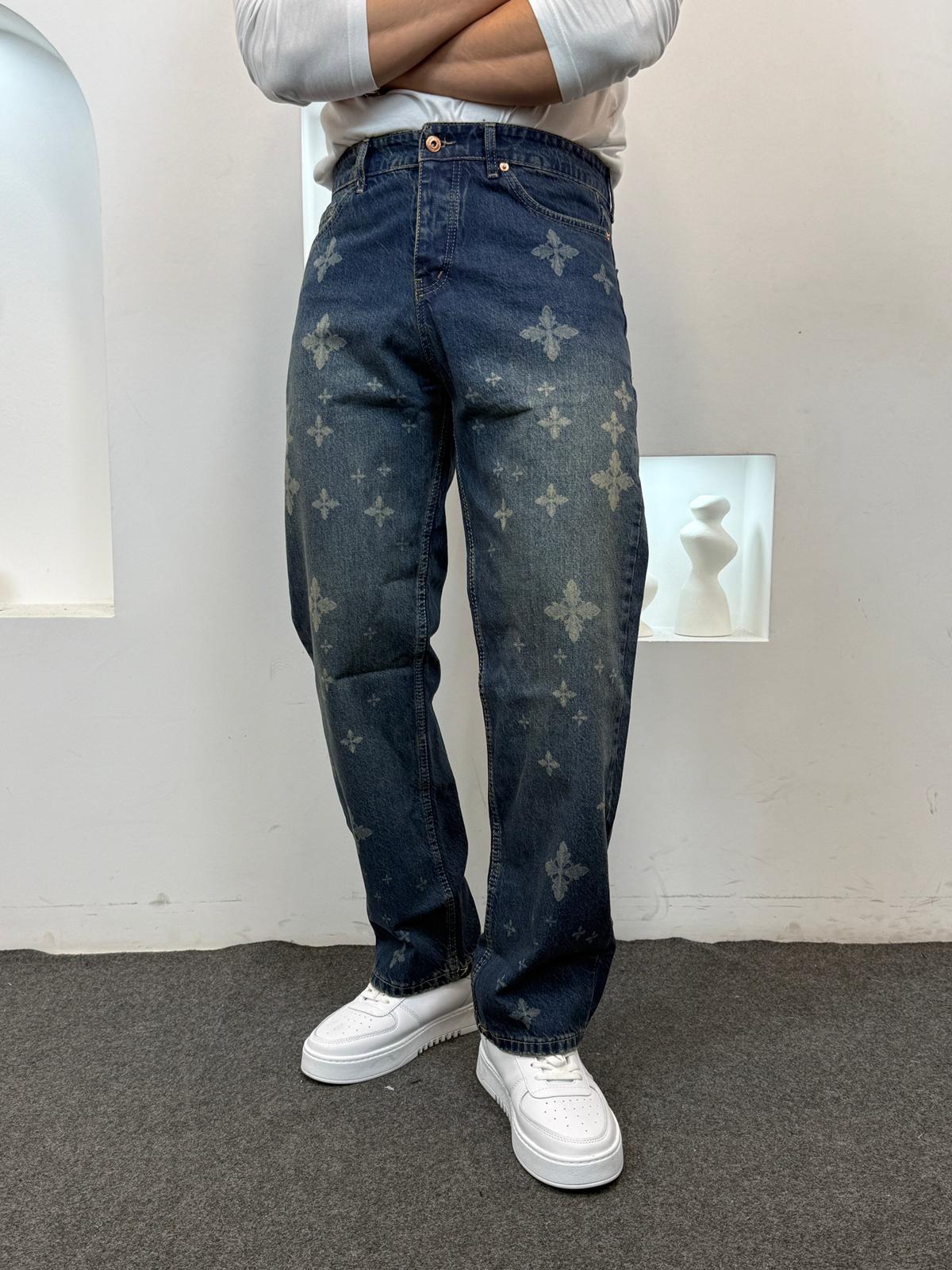 Desenli Baggy Jeans - Mavi