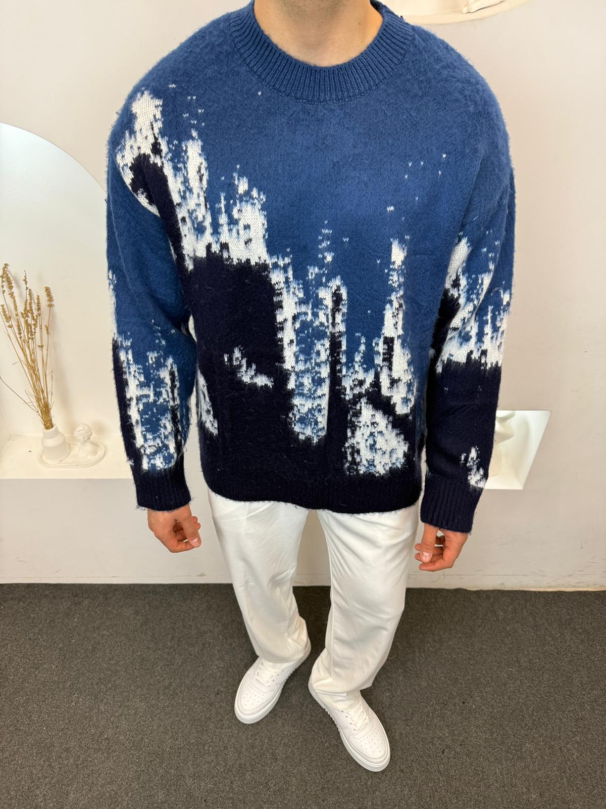 Soyut Degrade Desen Kazak - Mavi/Beyaz