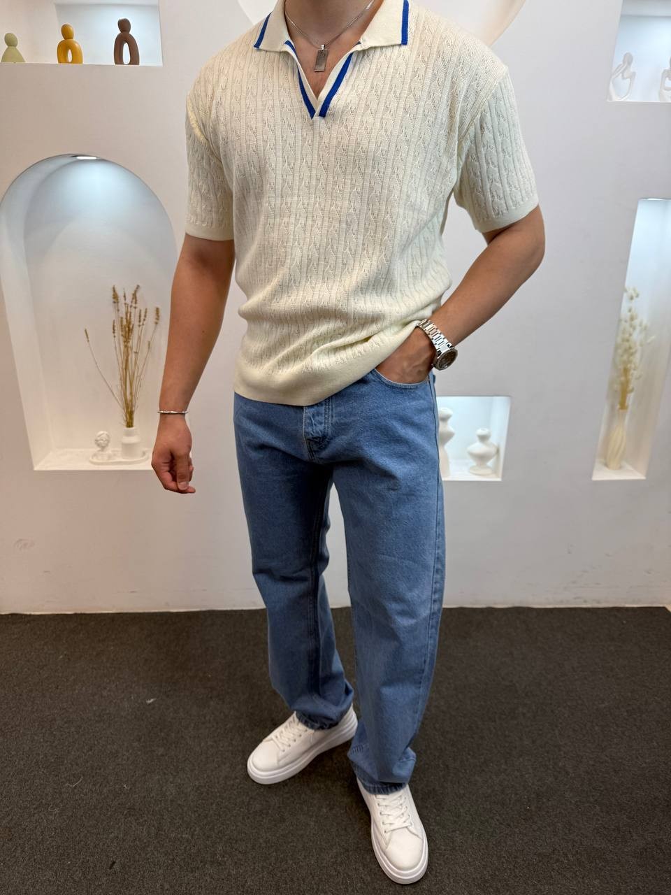 Triko Polo Yaka Desenli T-Shirt - beyaz