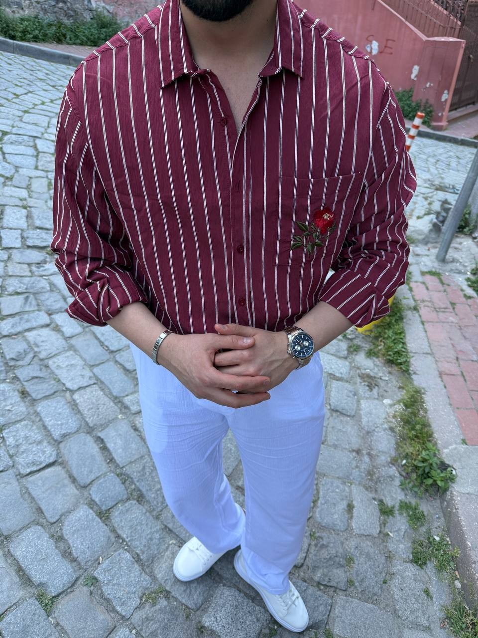 Nakışlı Krinkıl Kumaş Çizgili Gömlek