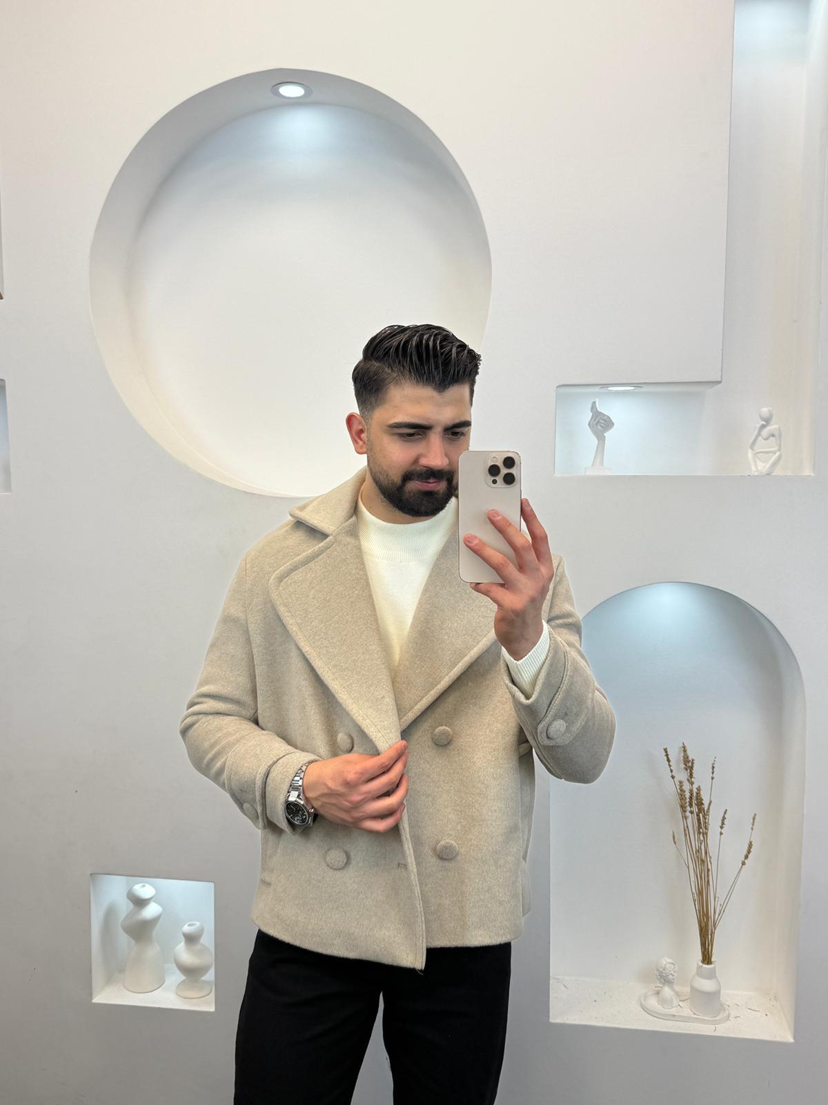 Crop Fit Kaşe Ceket - Krem