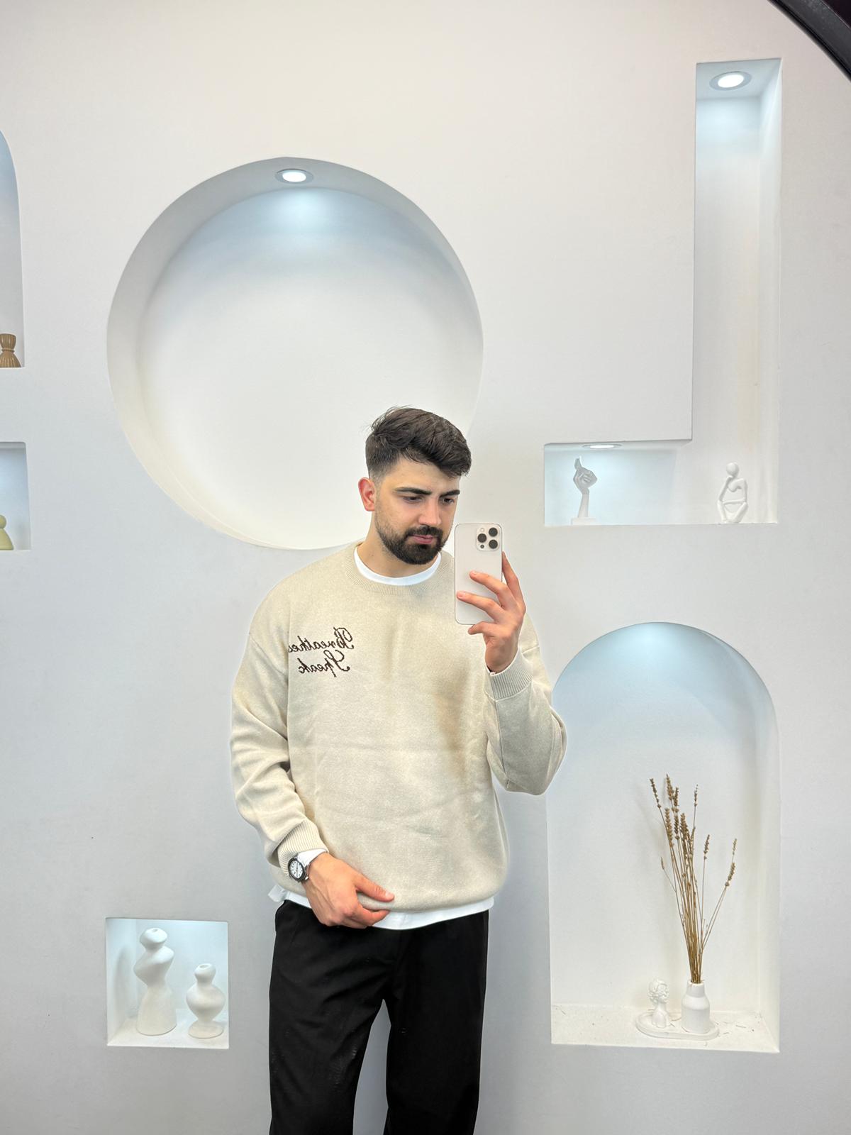 Owersize Yazı Detaylı Triko - Bej