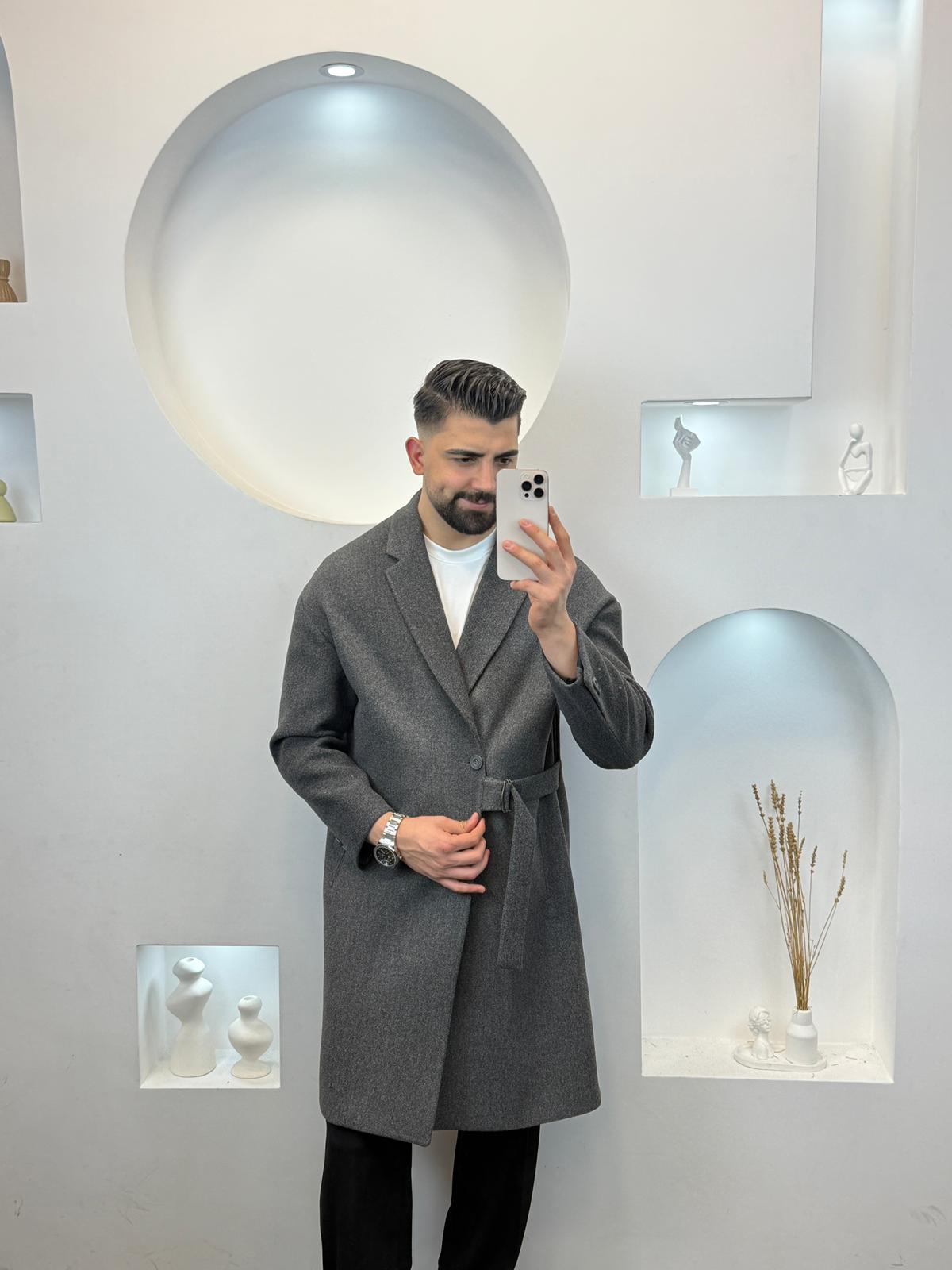 Premium Kemerli Kaşe Kaban - Antrasit Gri