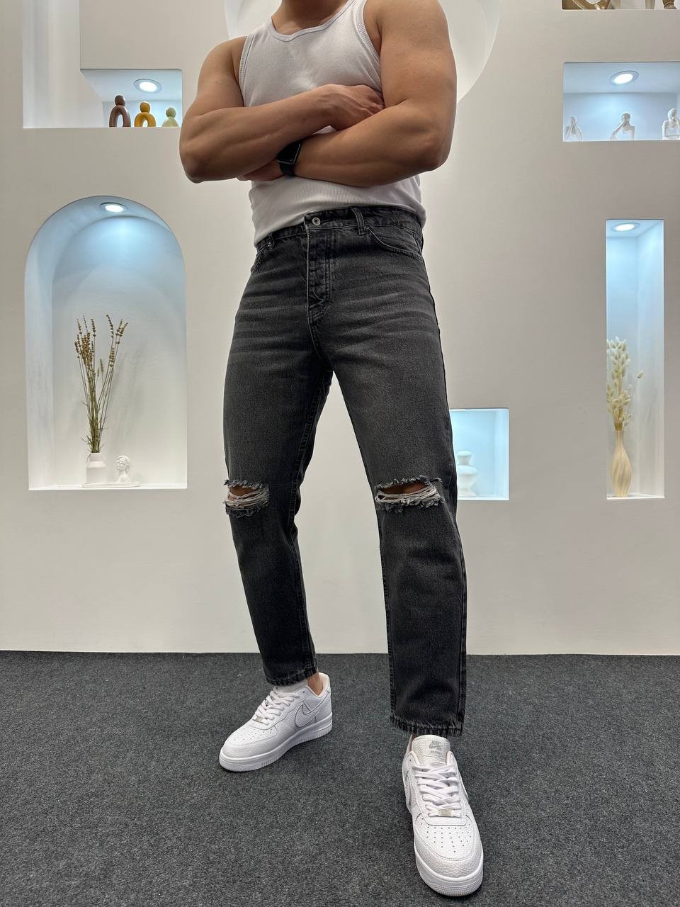 Füme Dizi Yırtık Detaylı Boyfriend Jeans