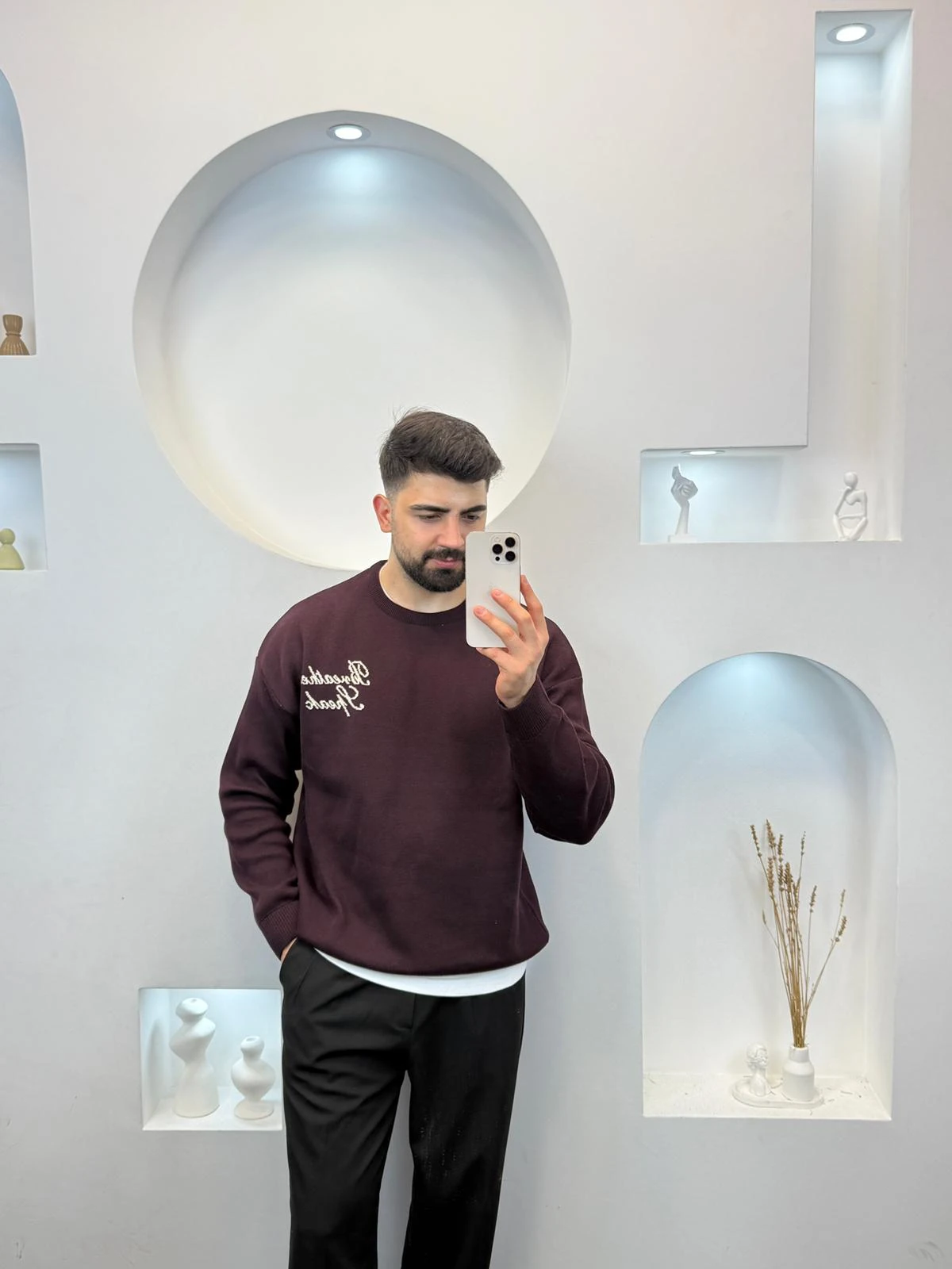 Owersize Yazı Detaylı Triko - bordo