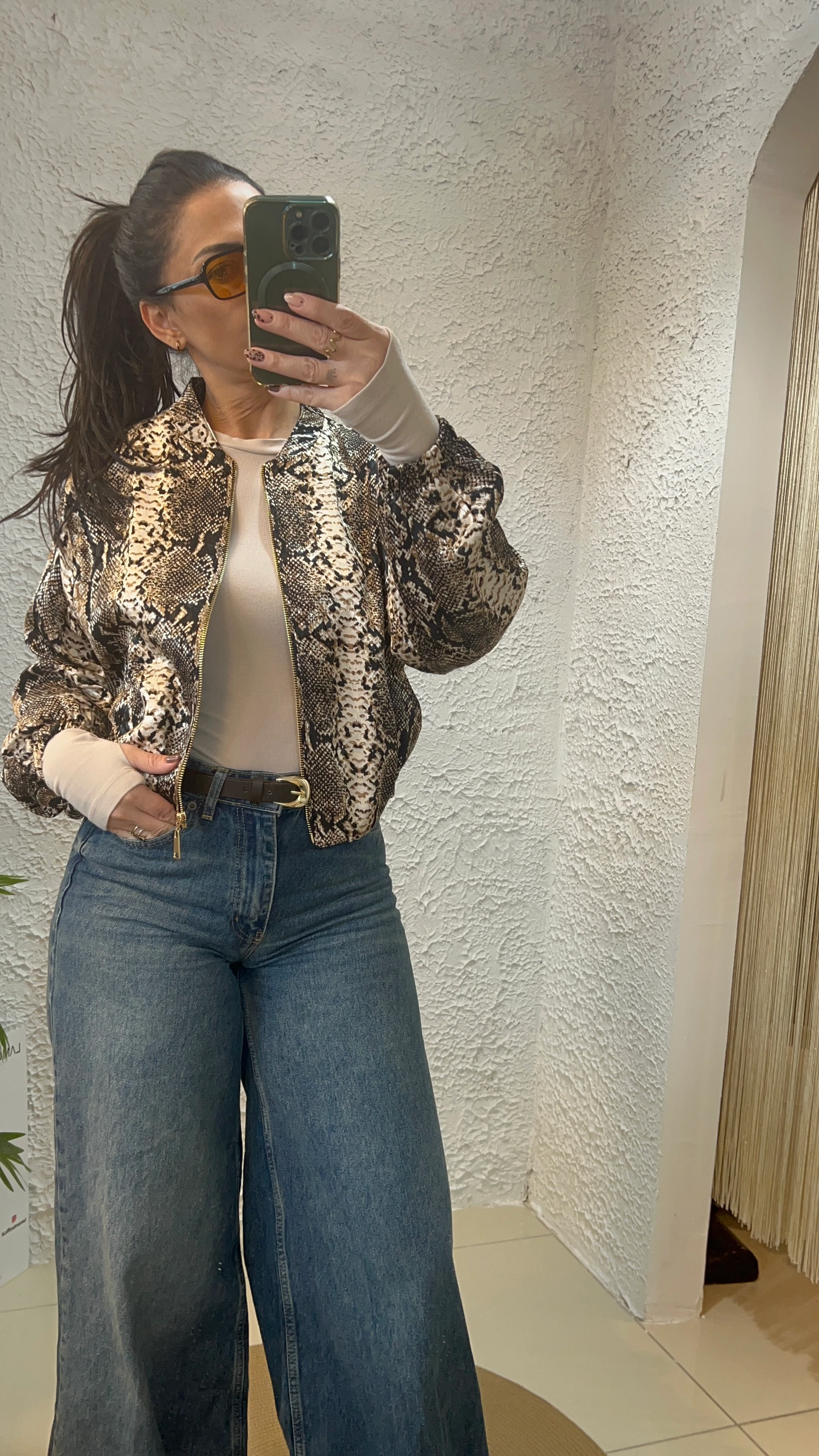 Parlak Yılan Desenli Bomber Ceket