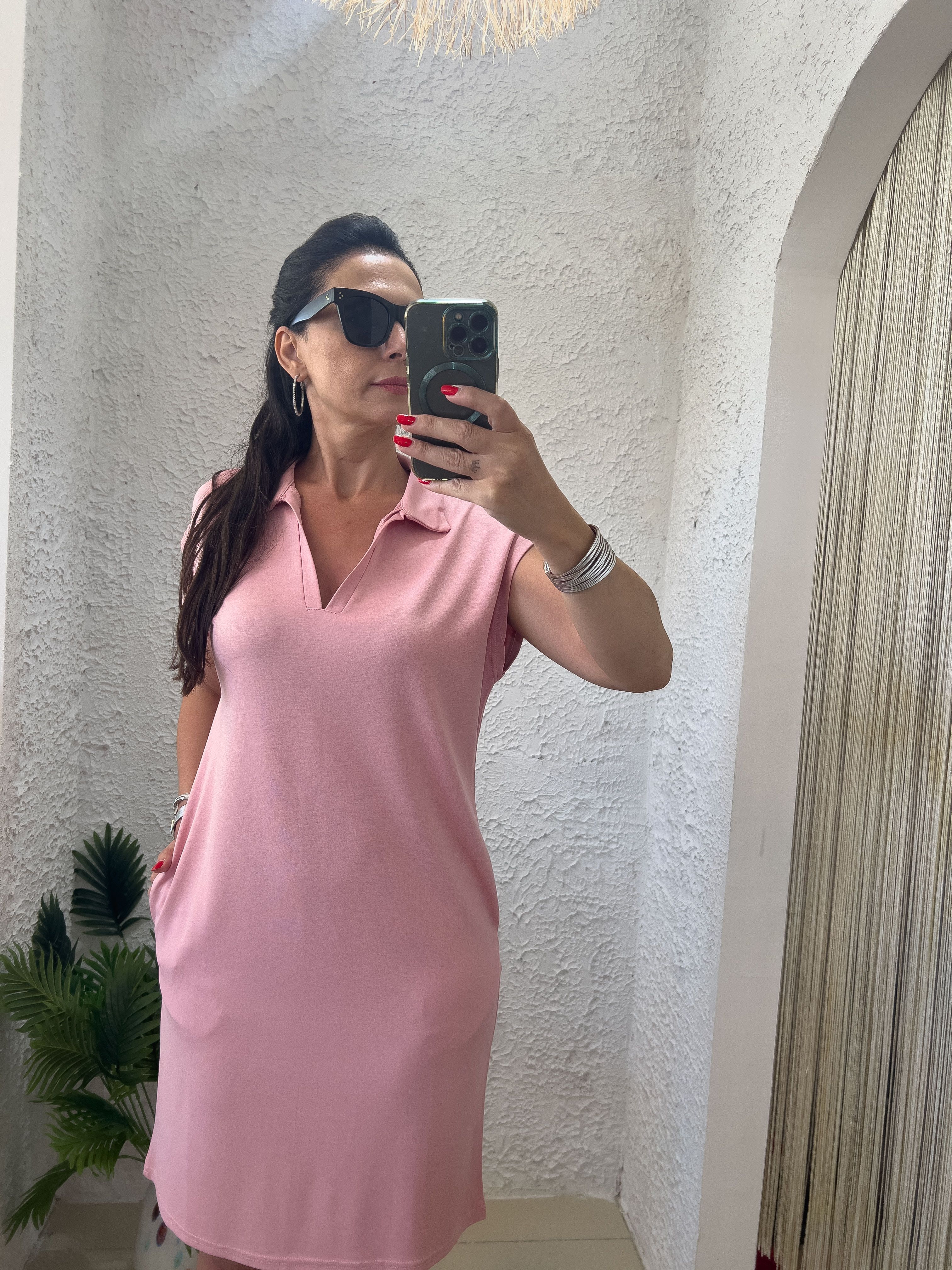 POLO YAKA PENYE ELBİSE-PEMBE