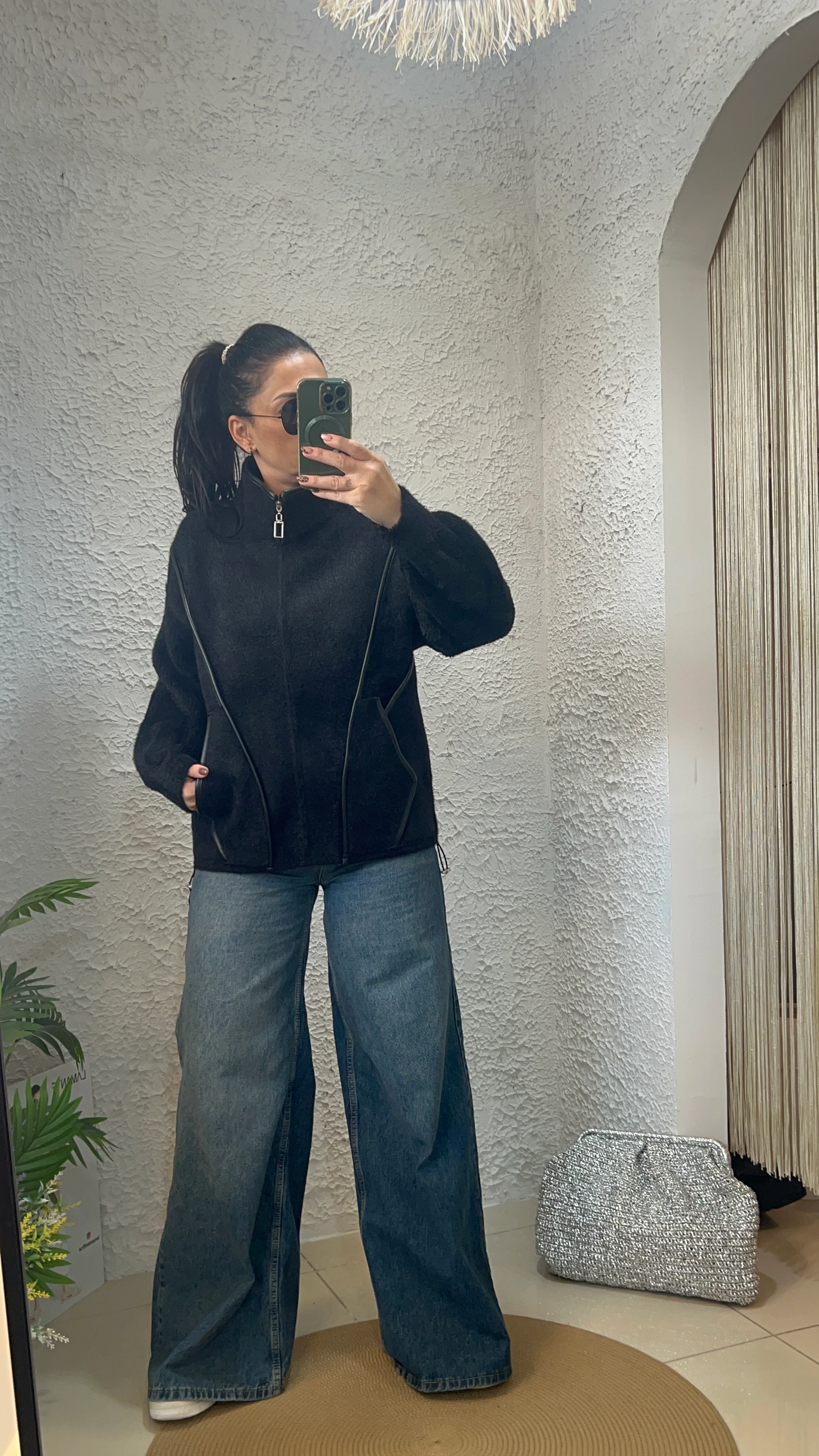 Tay Tüylü Deri Detaylı Ceket