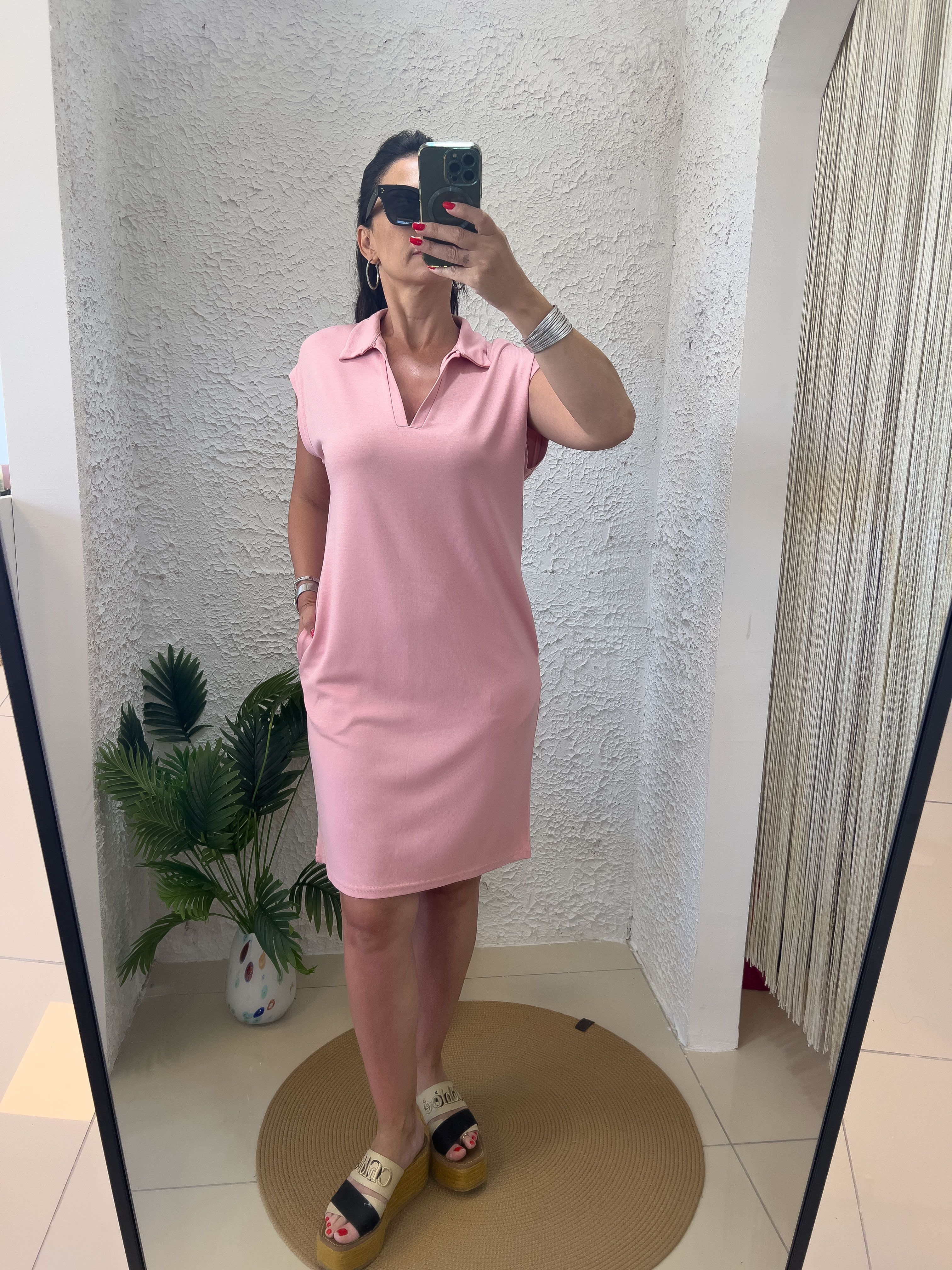 POLO YAKA PENYE ELBİSE-PEMBE