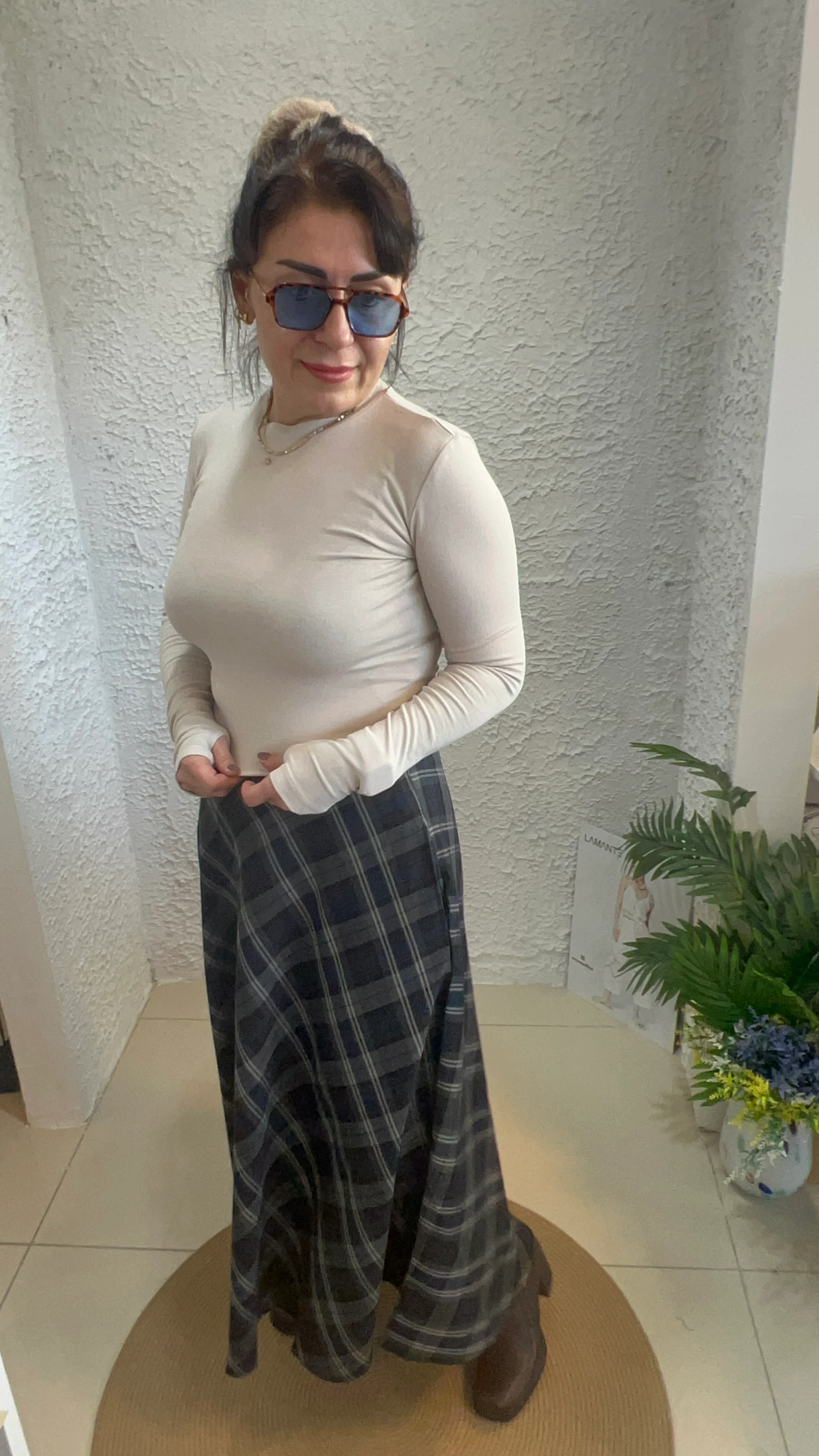 Lacivert Ekose Maxi Kloş Etek