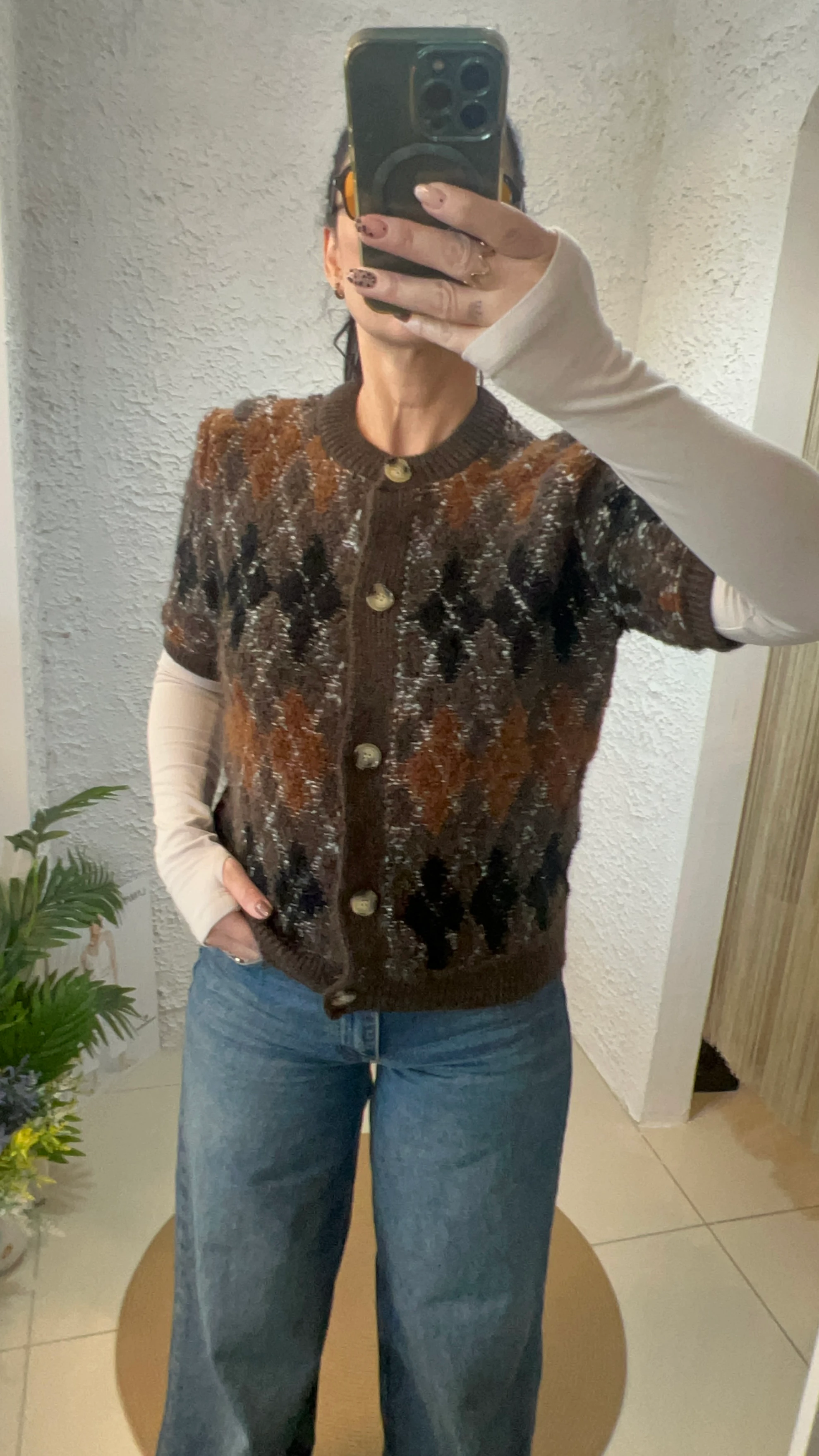 Kahve Baklava Desenli Kısa Kollu Ceket