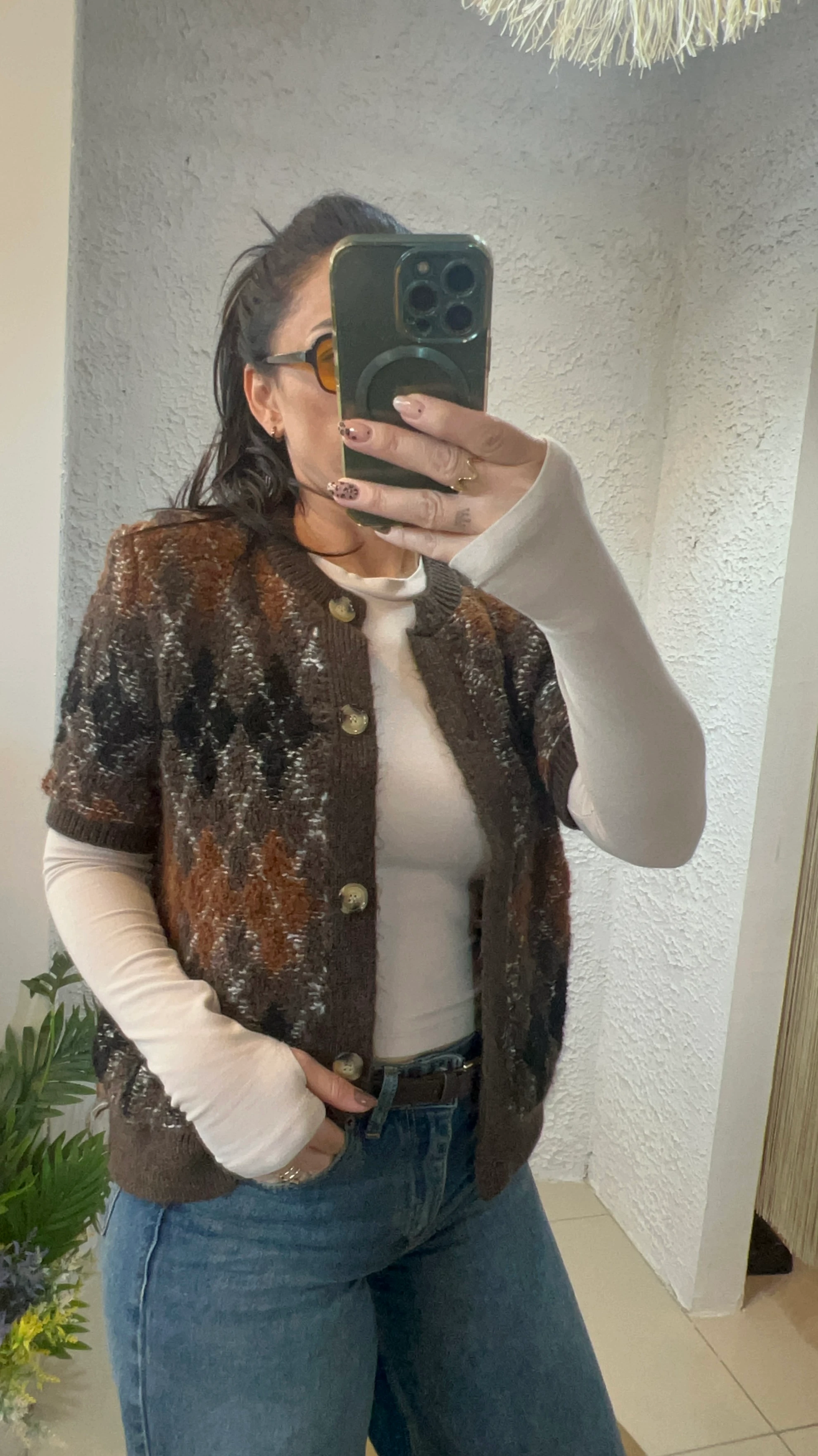 Kahve Baklava Desenli Kısa Kollu Ceket