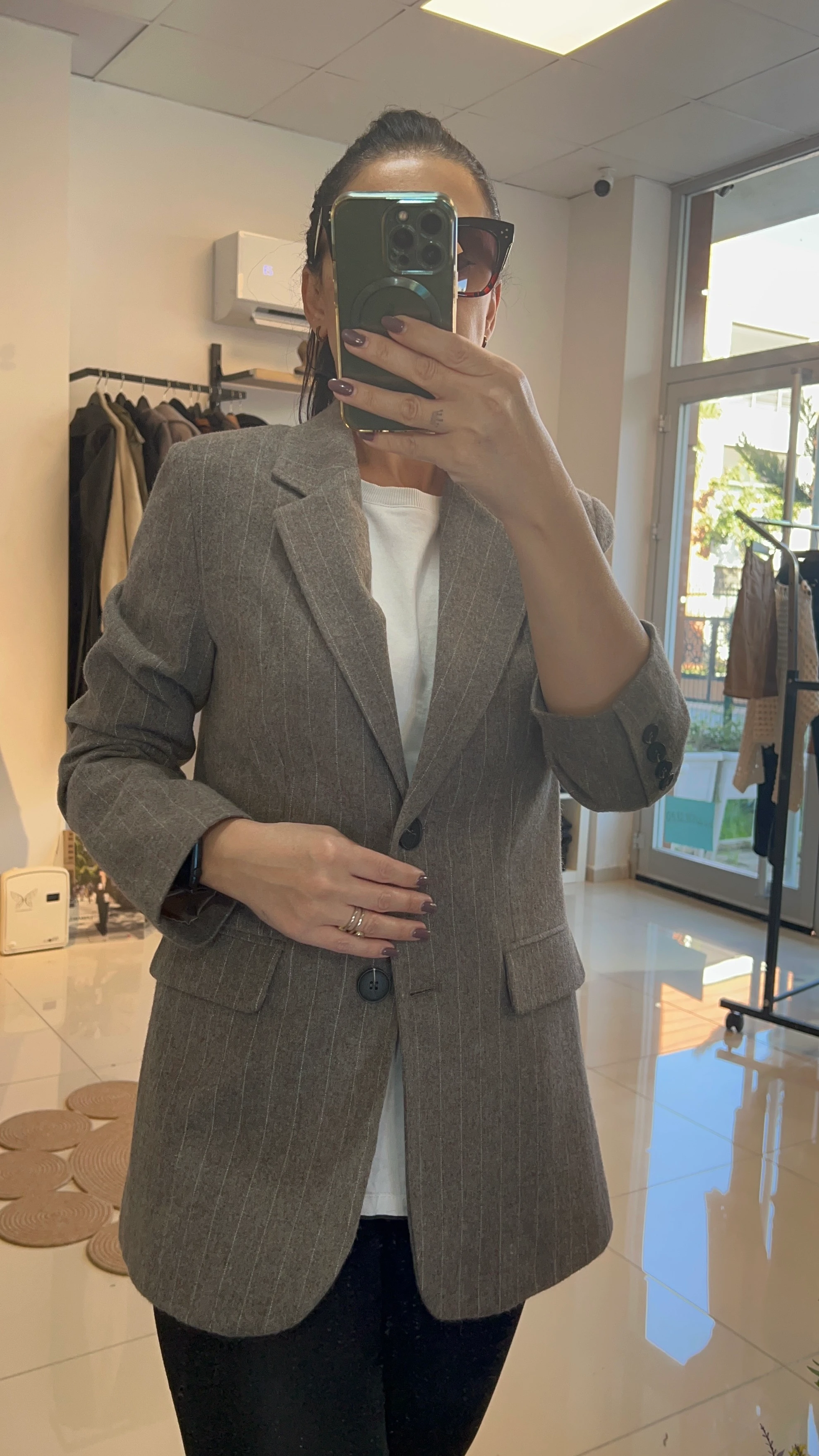 AÇIK KAHVE ÇİZGİLİ KAŞE BLAZER
