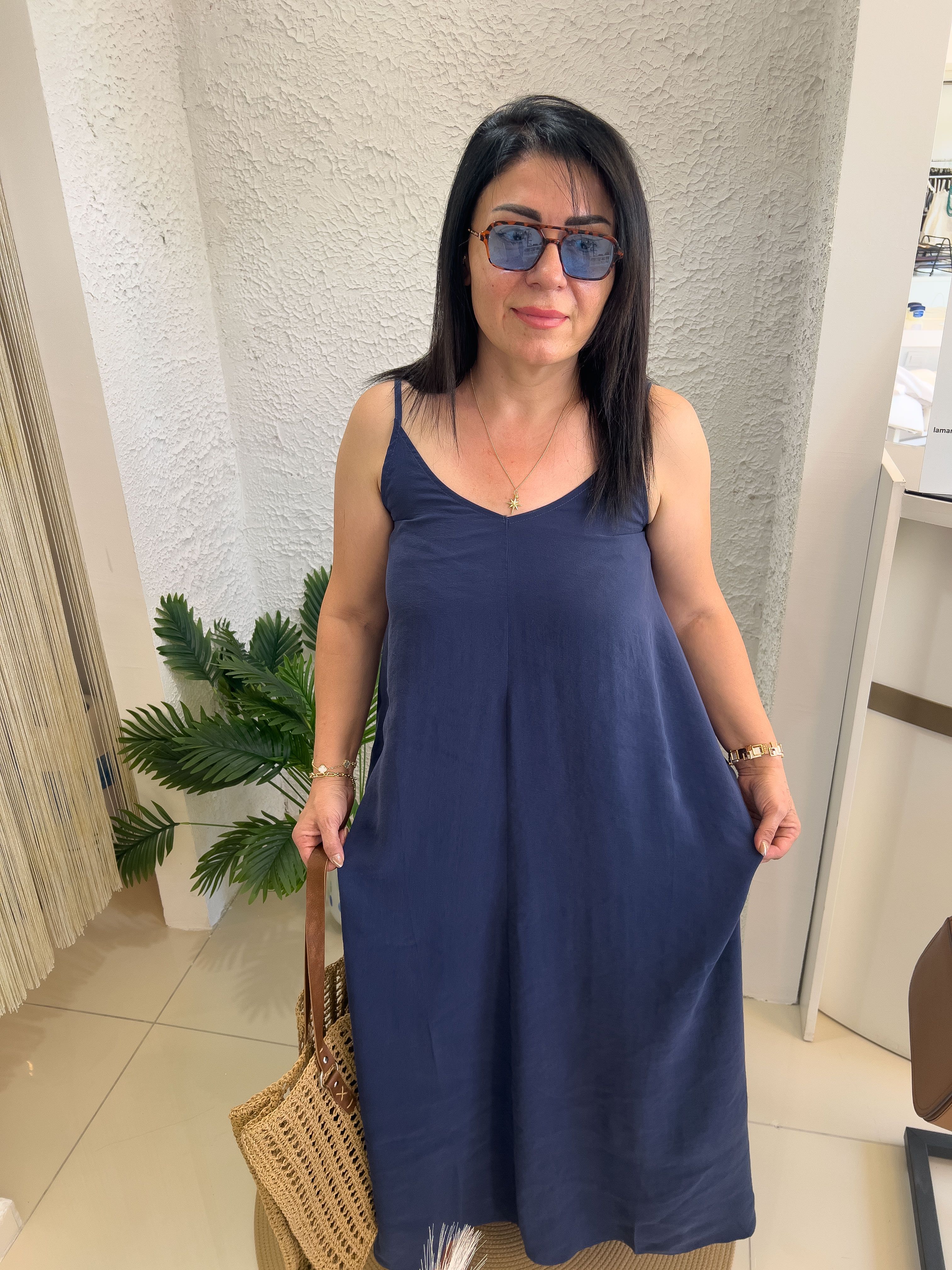 TENSEL İP ASKILI TİRİL ELBİSE-LACİVERT