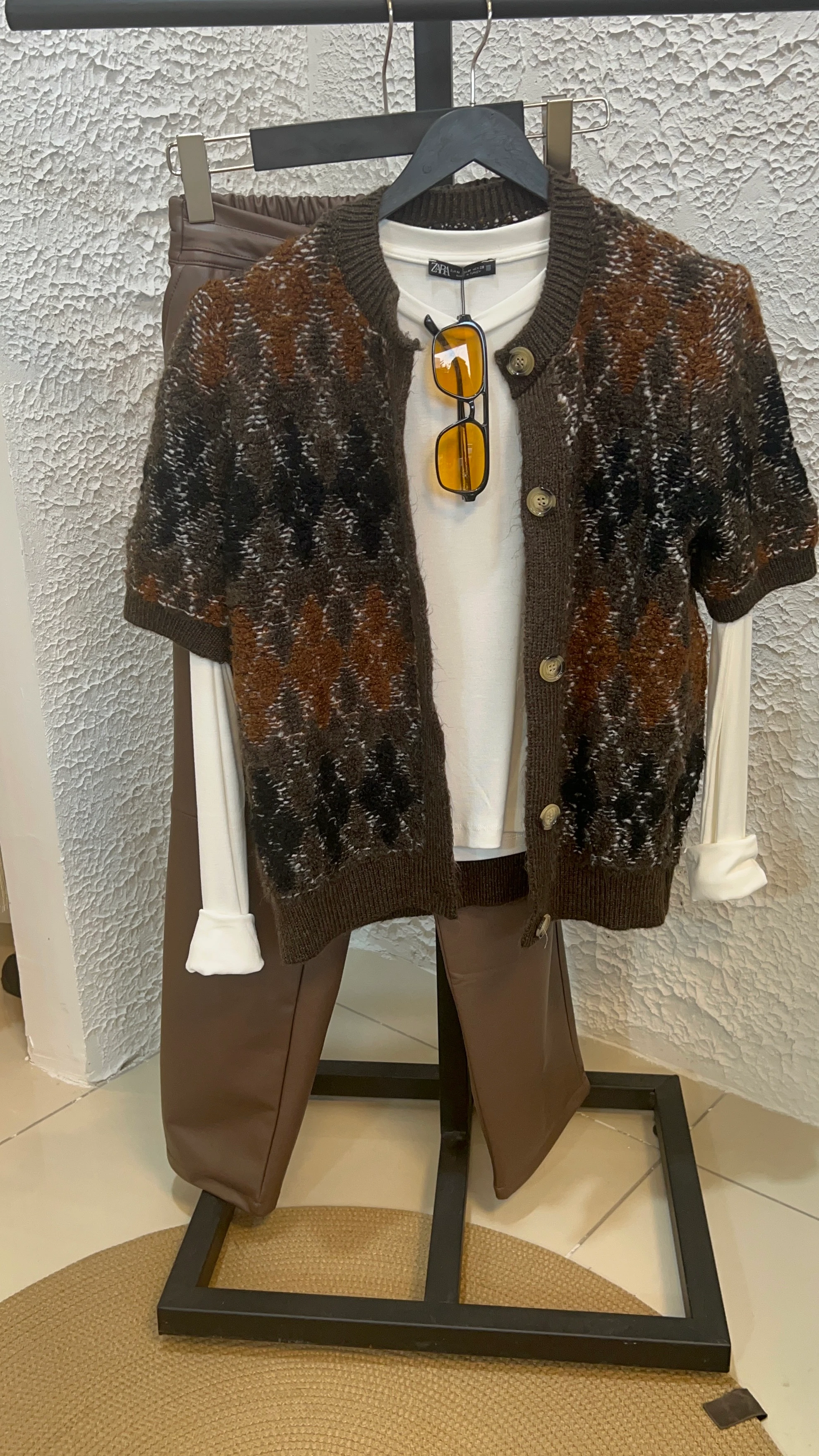 Kahve Baklava Desenli Kısa Kollu Ceket