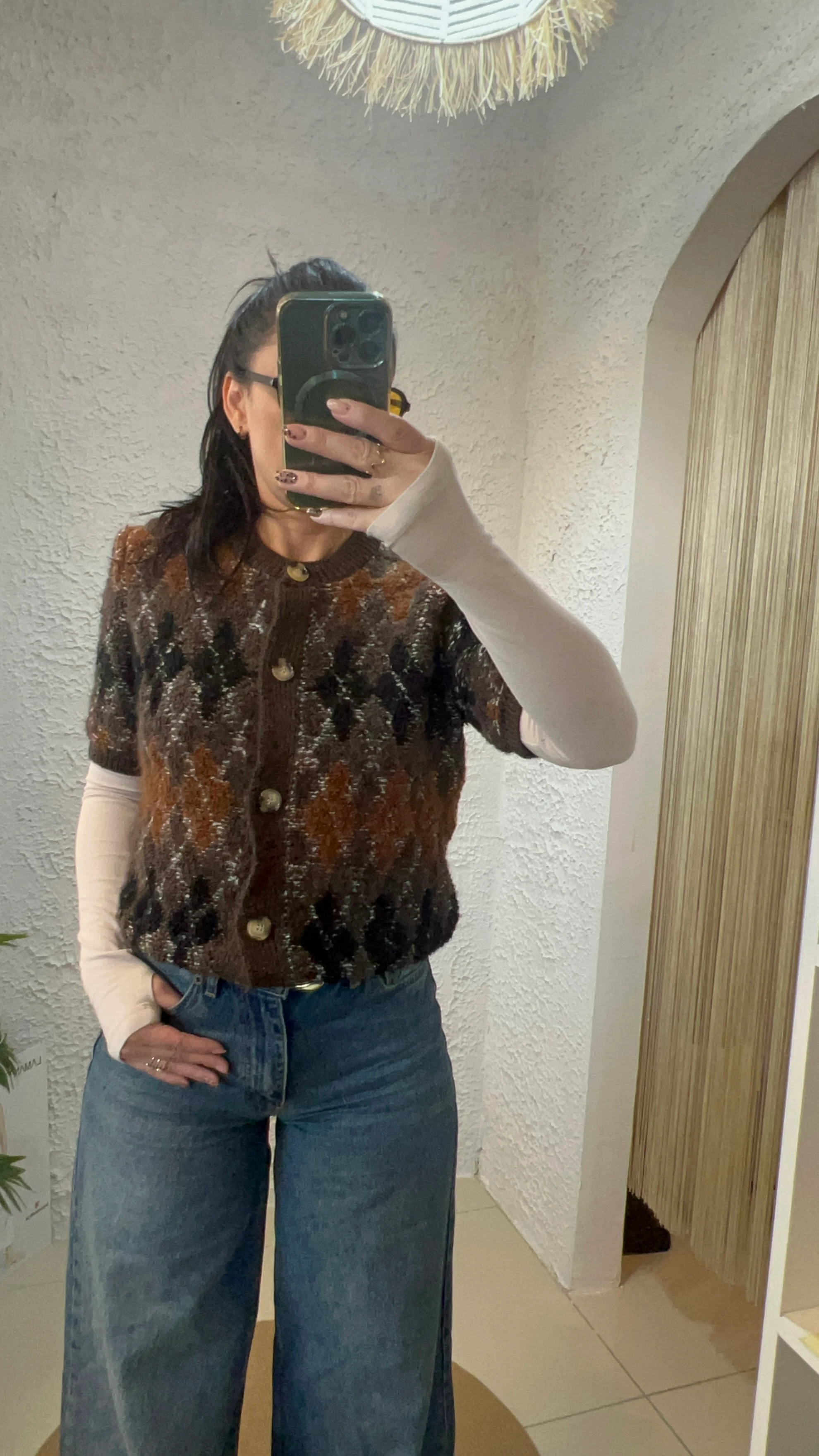 Kahve Baklava Desenli Kısa Kollu Ceket