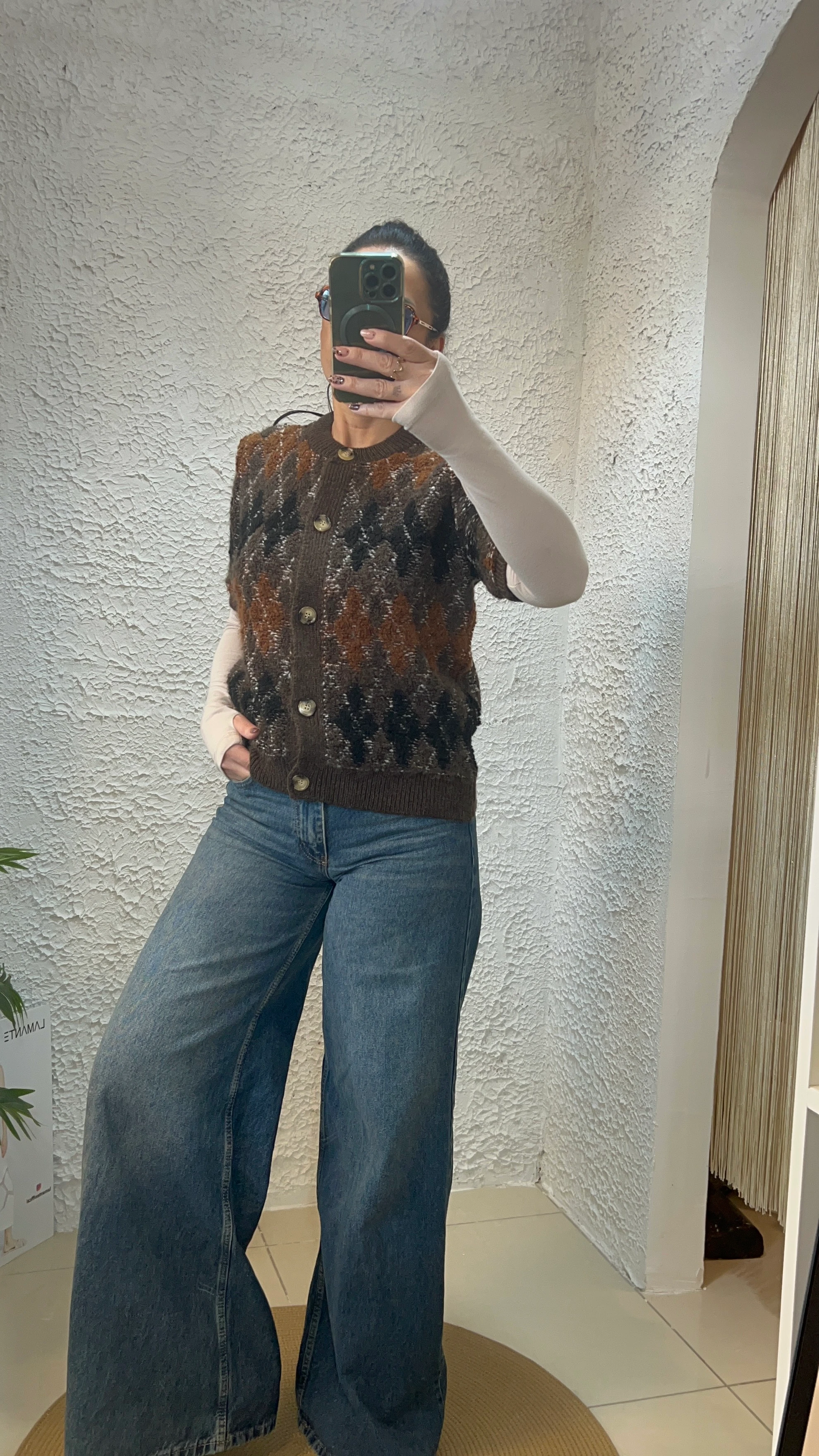 Kahve Baklava Desenli Kısa Kollu Ceket