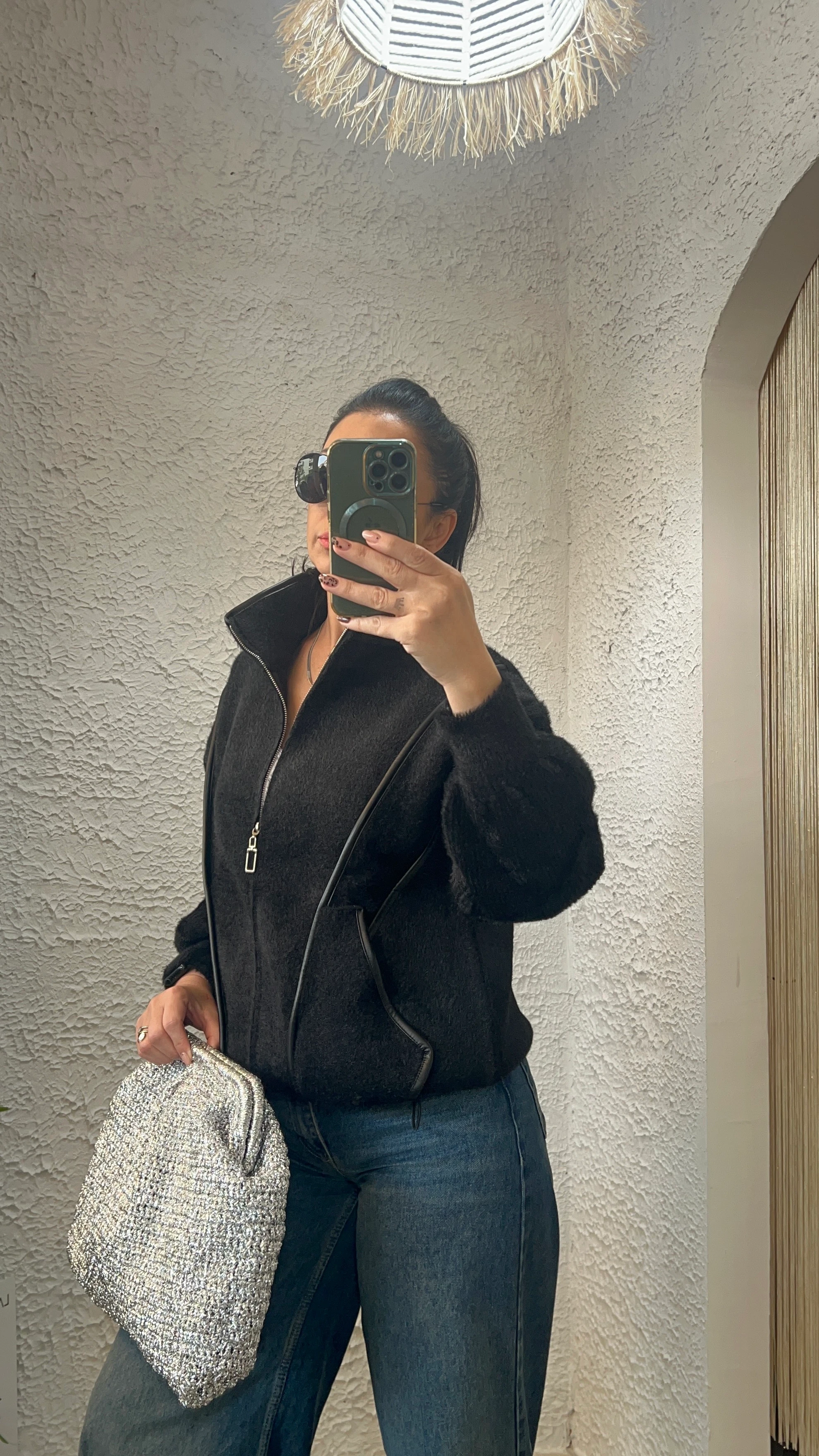 Tay Tüylü Deri Detaylı Ceket