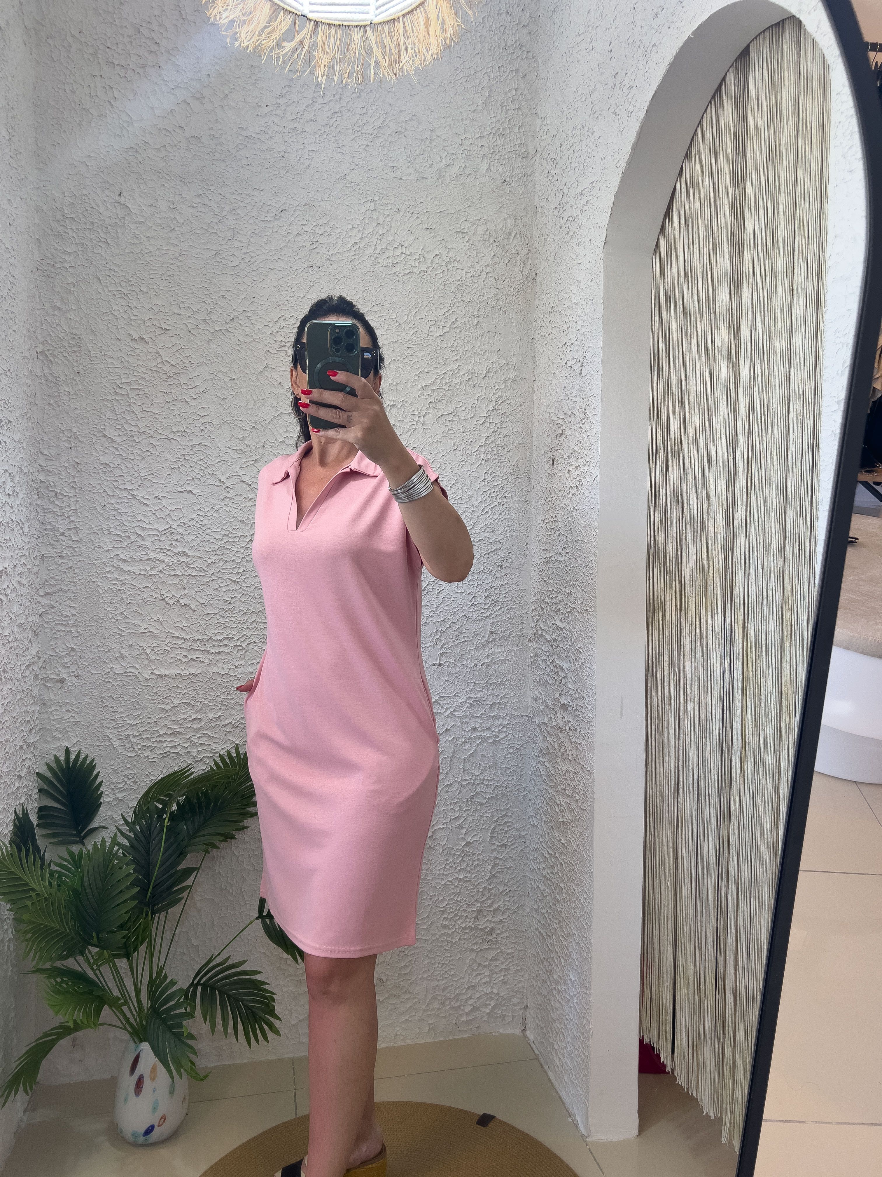 POLO YAKA PENYE ELBİSE-PEMBE