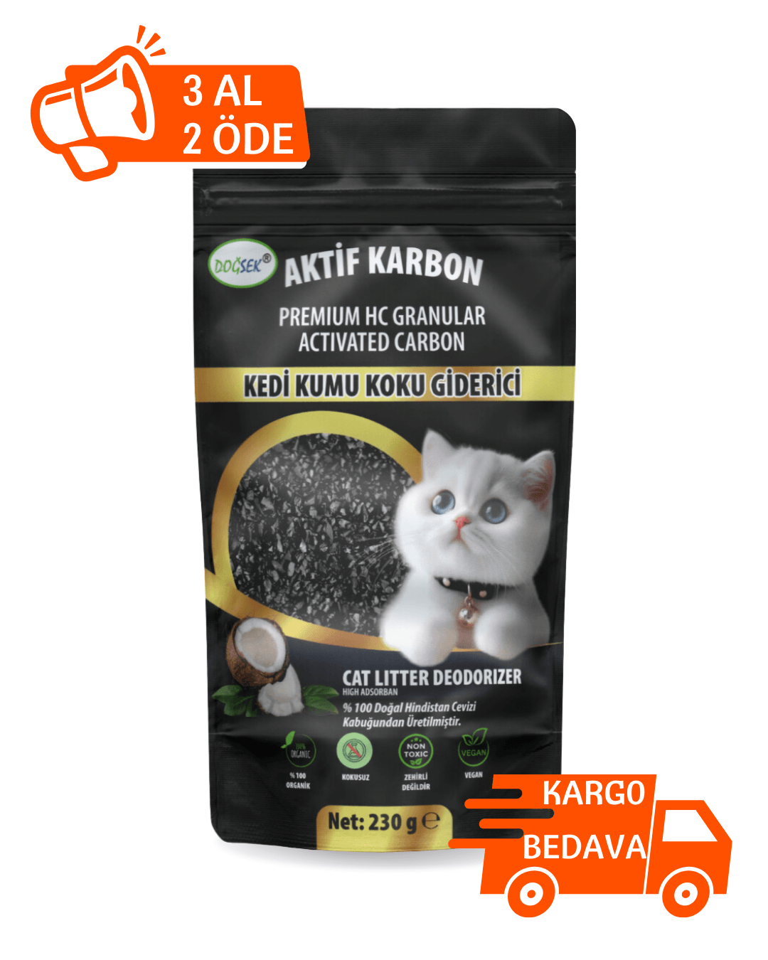 Kedi Kumu Koku Giderici Premium HC Granular Activated Carbon 230 gr Hindistan Cevizi Kabuğu Bazlı Granül Aktif Karbon