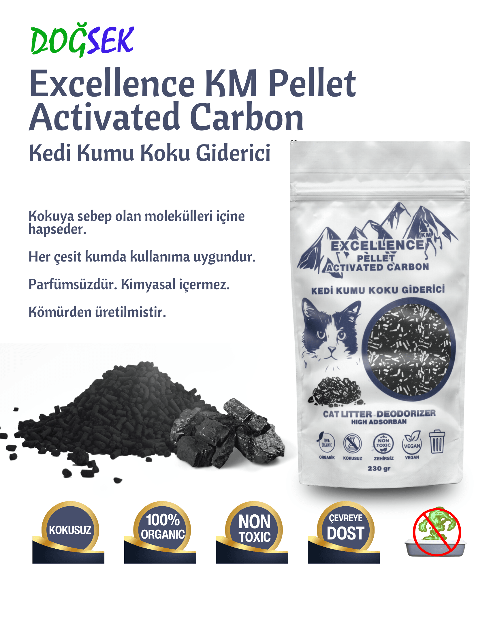 Kedi Kumu Koku Giderici Excellence KM Pellet Activated Carbon 230 gr Kömür Bazlı Pellet Aktif Karbon