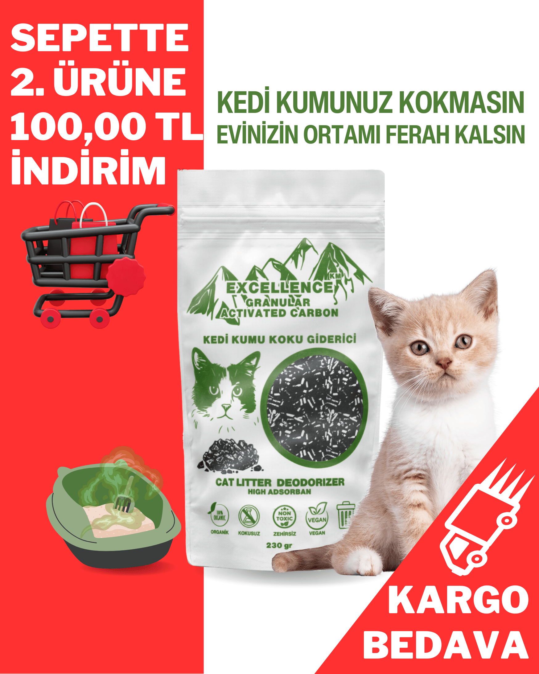 Kedi Kumu Koku Giderici Excellence KM Granular Activated Carbon 230 gr Kömür Bazlı Granül Aktif Karbon