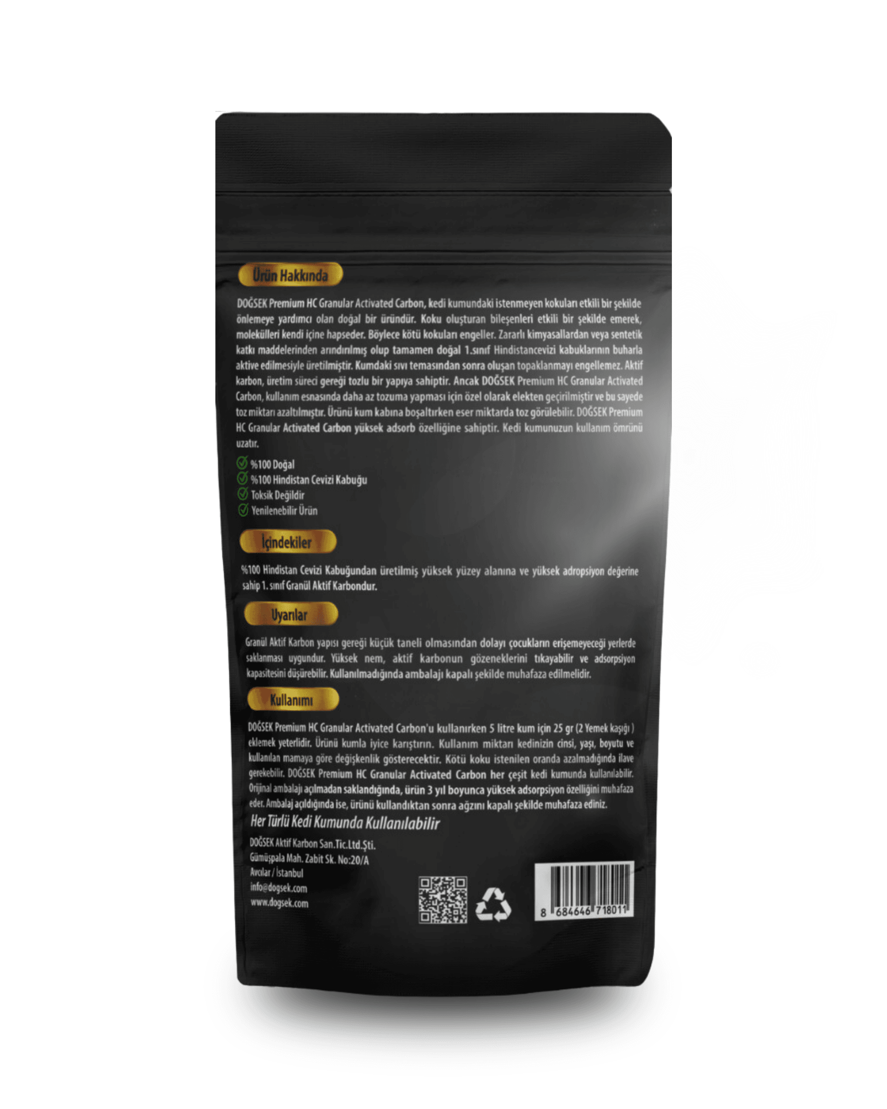 Kedi Kumu Koku Giderici Premium HC Granular Activated Carbon 230 gr Hindistan Cevizi Kabuğu Bazlı Granül Aktif Karbon