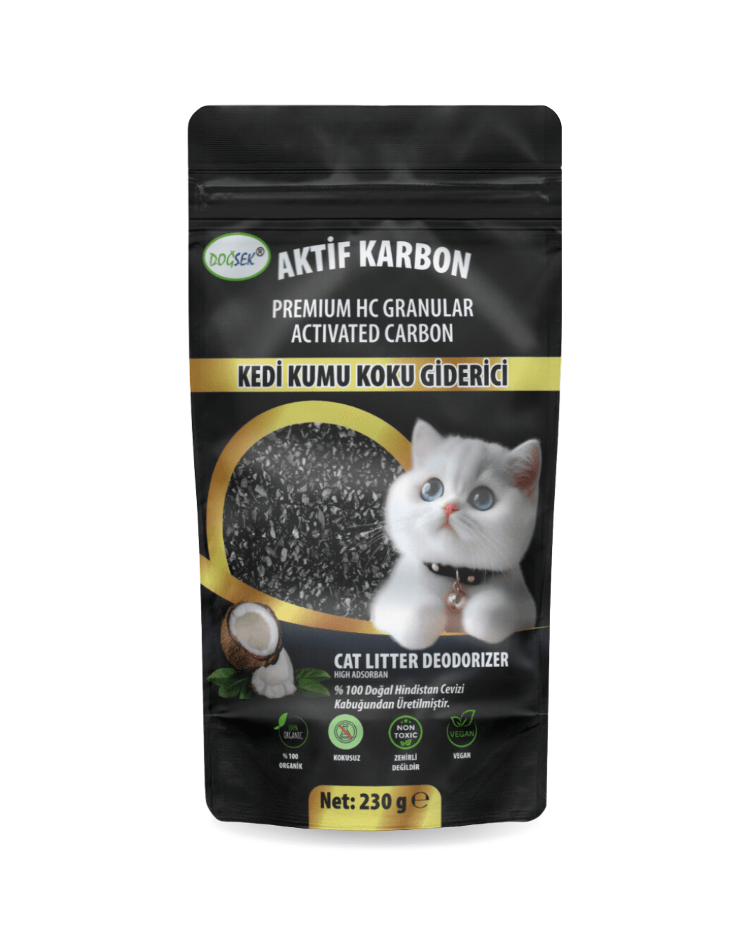 Kedi Kumu Koku Giderici Premium HC Granular Activated Carbon 230 gr Hindistan Cevizi Kabuğu Bazlı Granül Aktif Karbon