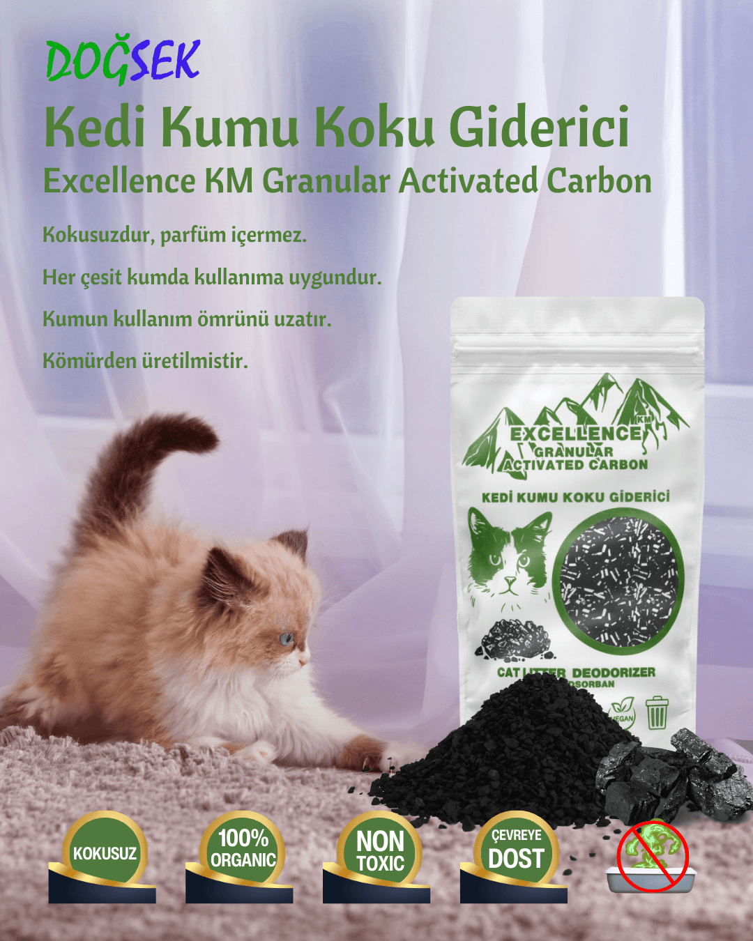 Kedi Kumu Koku Giderici Excellence KM Granular Activated Carbon 230 gr Kömür Bazlı Granül Aktif Karbon