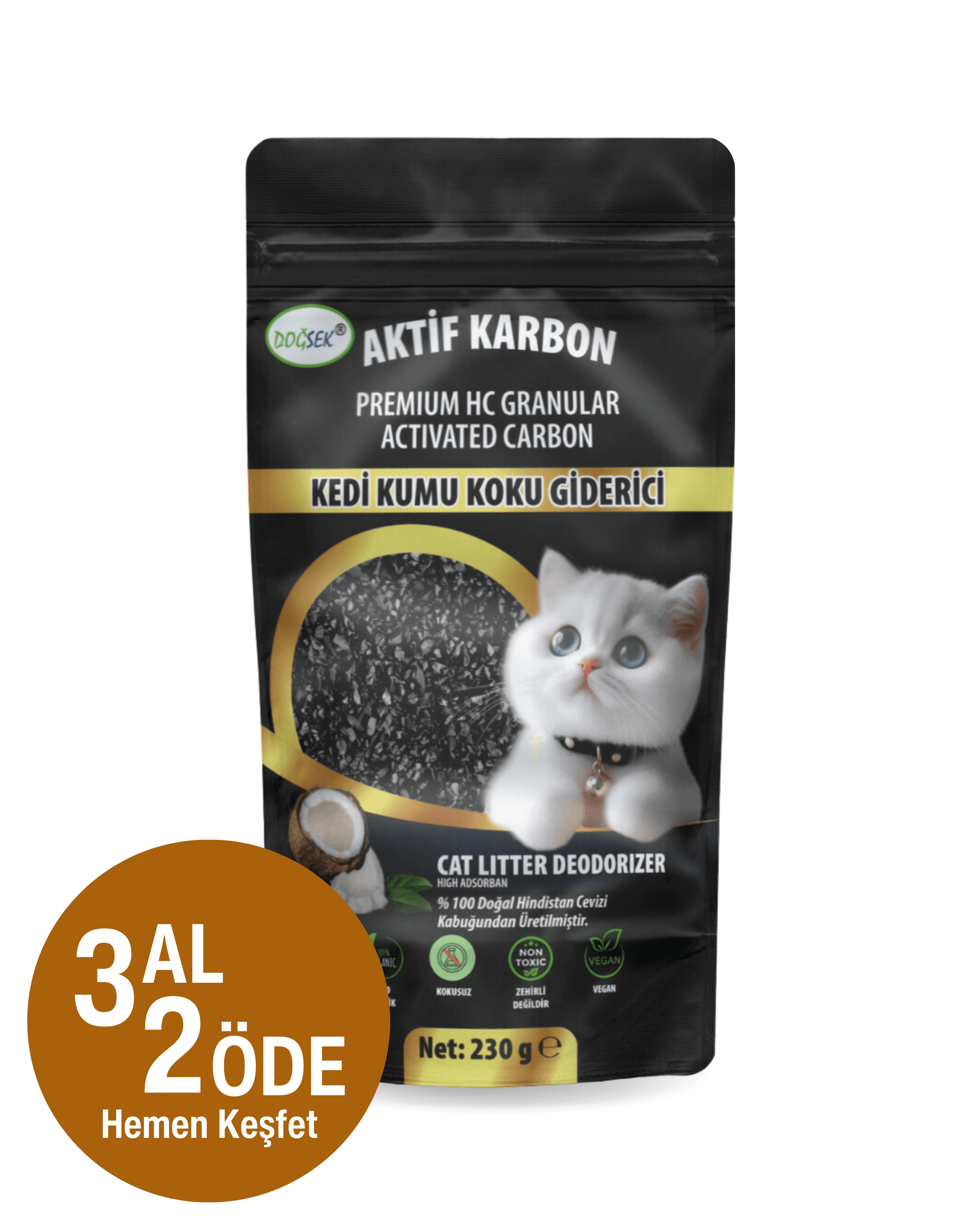 Kedi Kumu Koku Giderici Premium HC Granular Activated Carbon 230 gr Hindistan Cevizi Kabuğu Bazlı Granül Aktif Karbon