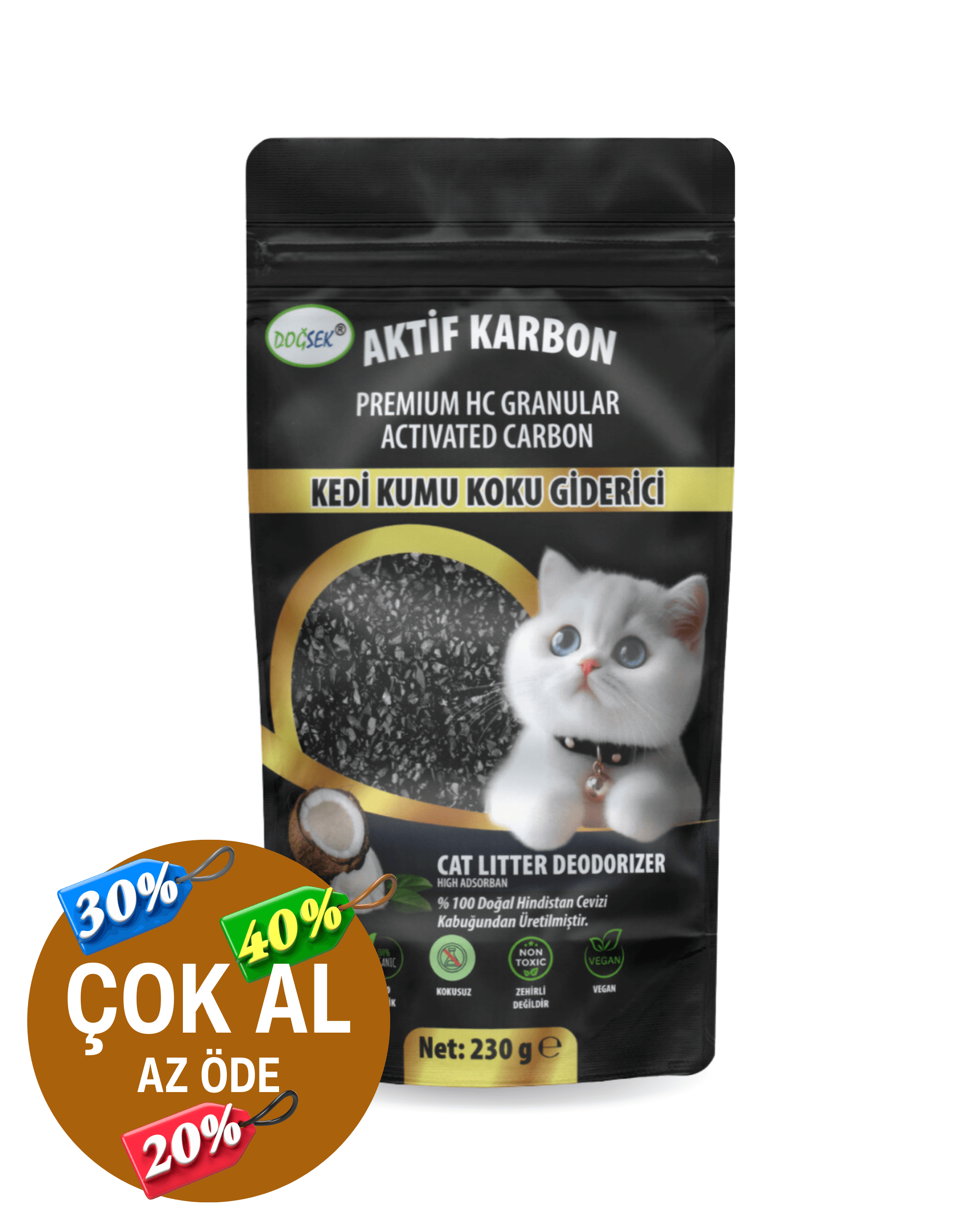 Kedi Kumu Koku Giderici Premium HC Granular Activated Carbon 230 gr Hindistan Cevizi Kabuğu Bazlı Granül Aktif Karbon